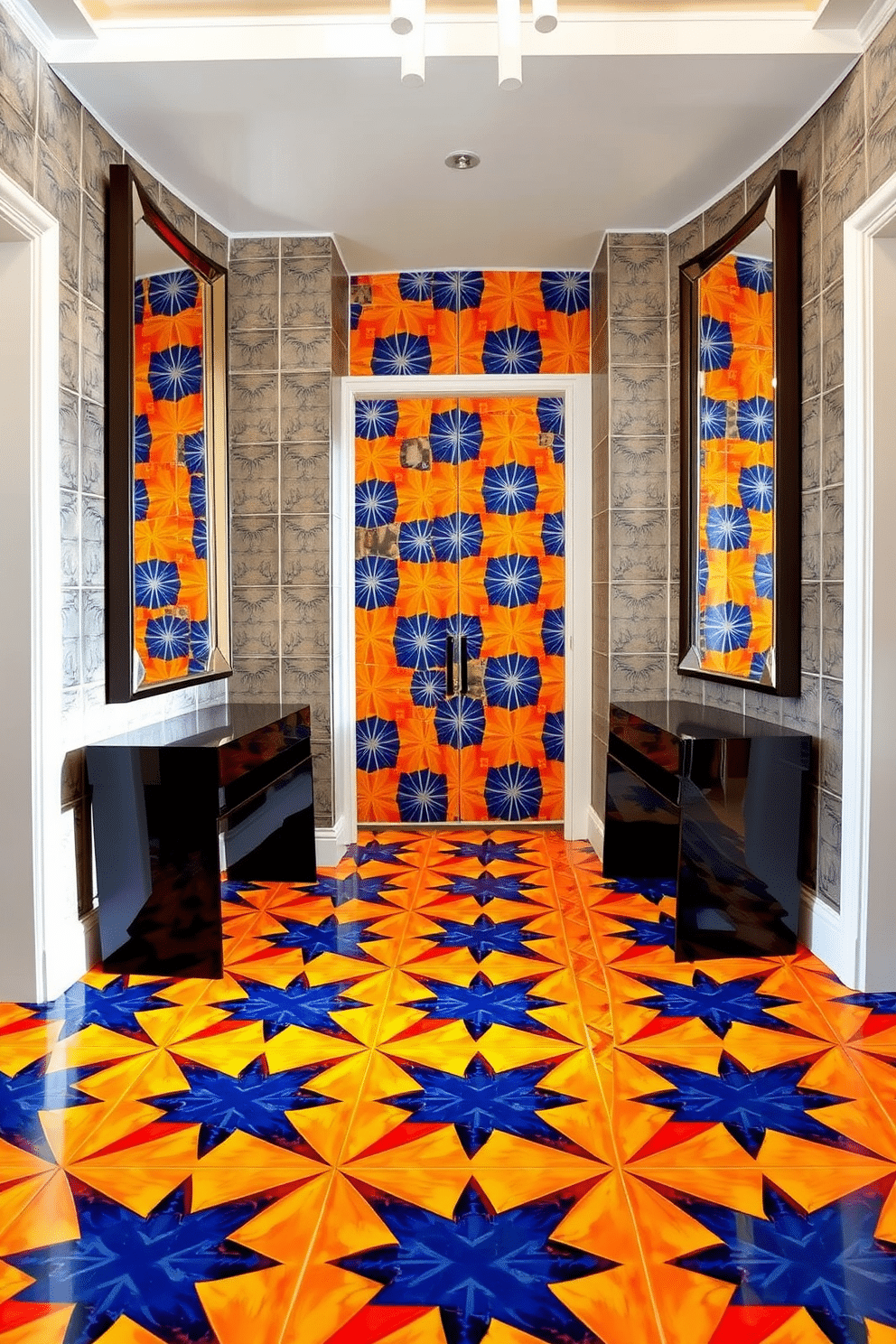 A striking foyer features a stunning tile design with bold geometric patterns in vibrant hues of blue, yellow, and red. The tiles create a dynamic visual impact, drawing the eye and setting a lively tone for the entrance space. Flanking the entrance, sleek console tables in glossy black provide a modern contrast to the colorful tiles. Above the tables, oversized mirrors with angular frames reflect the intricate patterns, enhancing the sense of space and light.