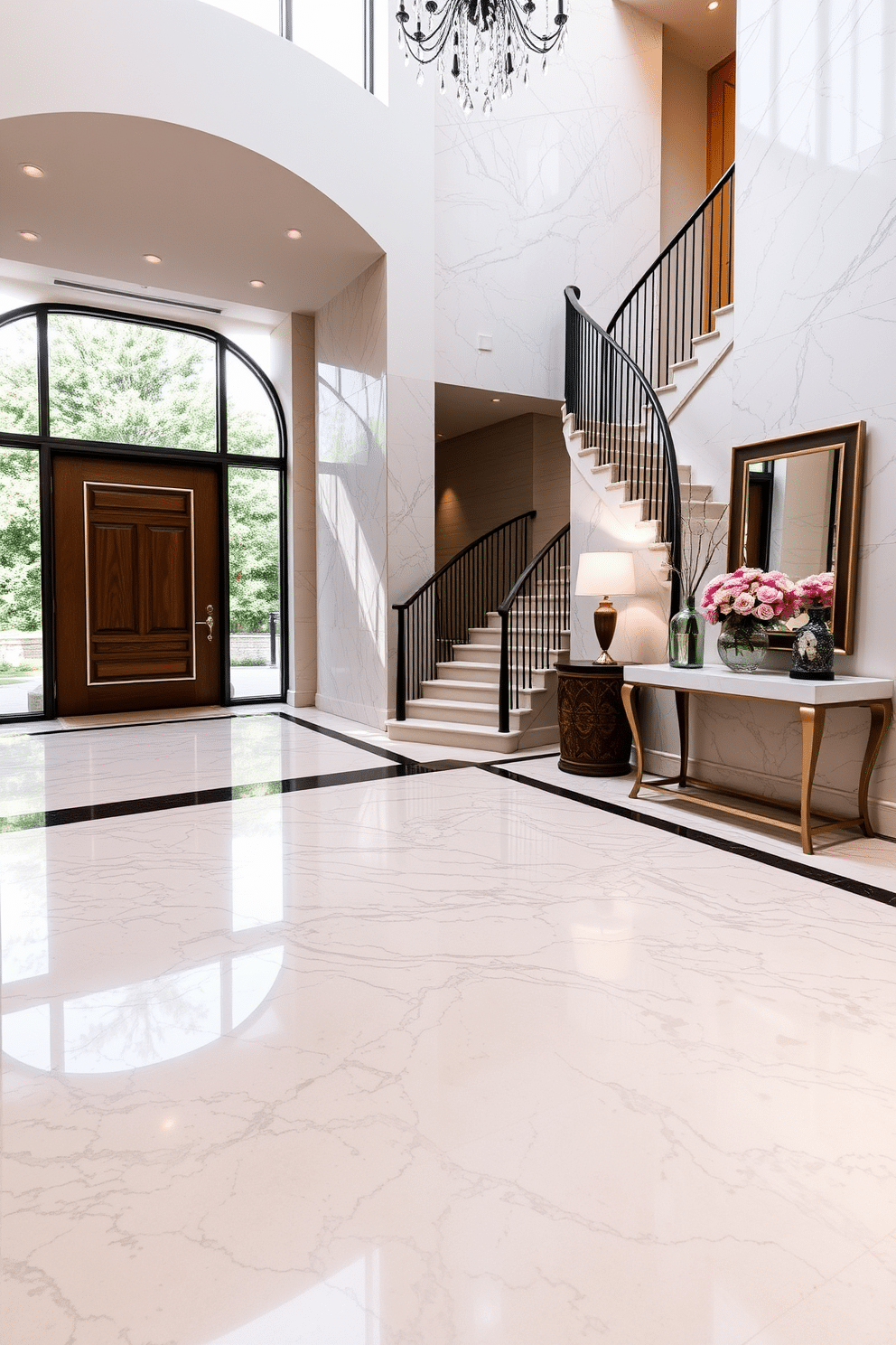 A grand foyer features large marble tiles that gleam under soft lighting, creating an inviting atmosphere. The intricate patterns of the tiles add a touch of elegance, complementing the high ceilings and sweeping staircase. To the side, a stylish console table with a sleek design holds decorative items and a statement mirror above it. Warm wood accents in the furniture contrast beautifully with the cool tones of the marble, enhancing the luxurious feel of the space.