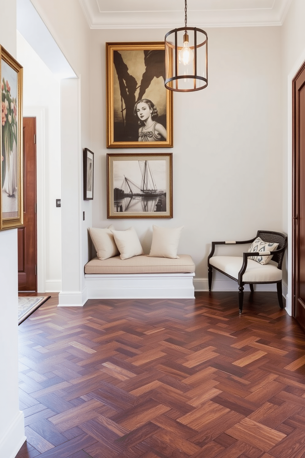 A stunning foyer featuring a herringbone tile pattern that creates a dynamic visual interest. The tiles are made of a rich, dark wood, contrasting beautifully with the light-colored walls adorned with elegant artwork. A cozy bench with plush cushions sits against one wall, providing a welcoming spot for guests. Above the bench, a stylish pendant light casts a warm glow, enhancing the inviting atmosphere of the space.