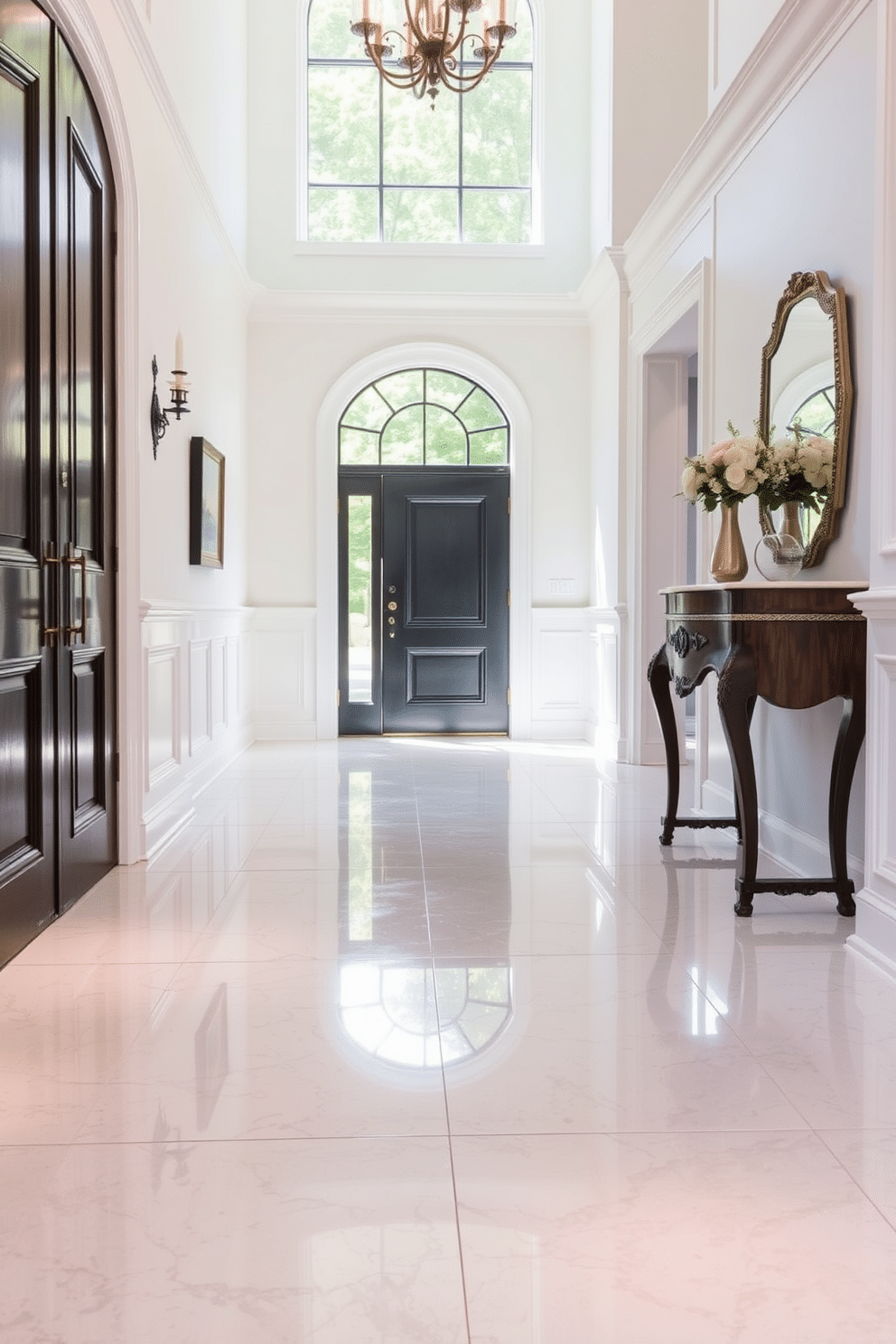 A stunning foyer featuring a sleek glass tile floor that reflects light beautifully, creating an inviting atmosphere. The walls are adorned with elegant wainscoting in a soft white hue, complementing the shimmering tiles and enhancing the overall sophistication of the space.