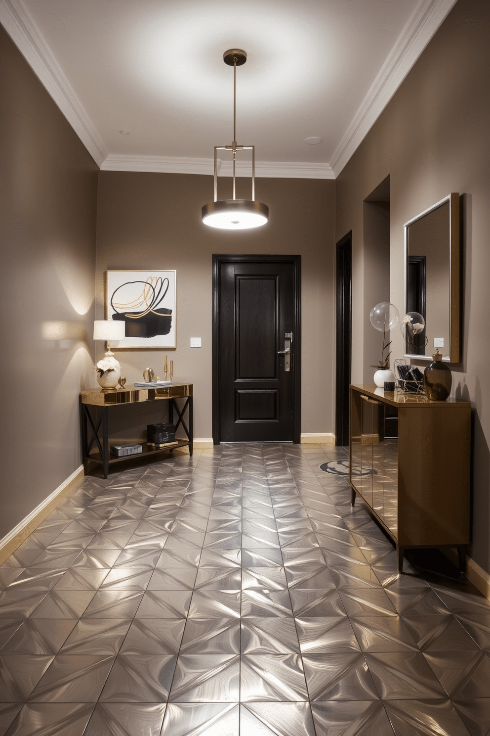 A striking foyer featuring metallic tiles that reflect light and add a contemporary edge to the space. The walls are adorned with sleek, minimalist artwork, and a stylish console table sits against one side, topped with decorative objects. The floor showcases a stunning pattern of interlocking metallic tiles in shades of silver and gold, creating a dynamic visual effect. A modern pendant light hangs above, illuminating the area and enhancing the foyer's inviting atmosphere.