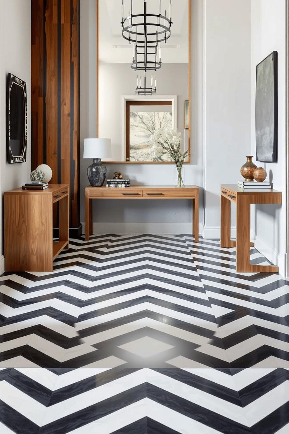 A striking foyer showcases a chevron pattern tile design that creates a dynamic and inviting atmosphere. The tiles are arranged in a bold black and white contrast, leading guests into the home with a sense of movement and style. Flanking the entrance, sleek console tables in natural wood provide a warm touch, topped with decorative elements like a stylish lamp and a curated selection of books. A large mirror above the console reflects light, enhancing the spacious feel of the foyer while adding a touch of elegance.