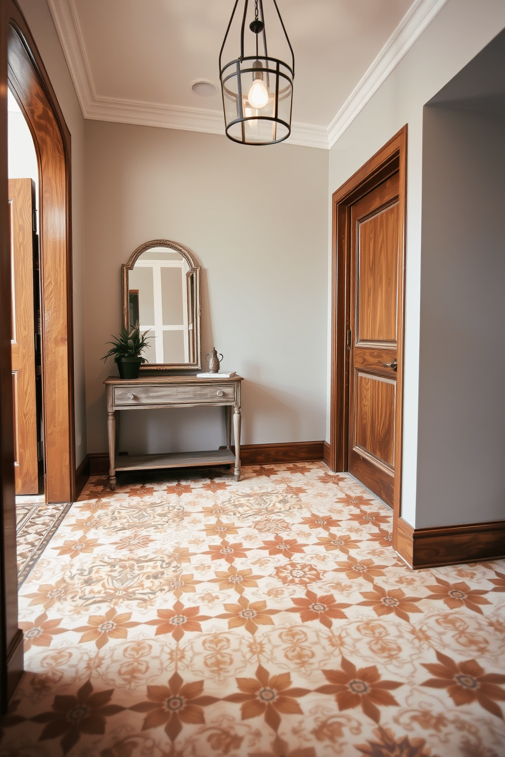 A charming foyer features patterned cement tiles that evoke a vintage vibe, creating an inviting entrance. The tiles showcase intricate designs in soft earth tones, perfectly complementing the warm wooden accents throughout the space. On one side of the foyer, a sleek console table with a distressed finish is adorned with a decorative mirror and a small potted plant. Soft, ambient lighting from a stylish pendant fixture enhances the cozy atmosphere, making the space feel both elegant and welcoming.