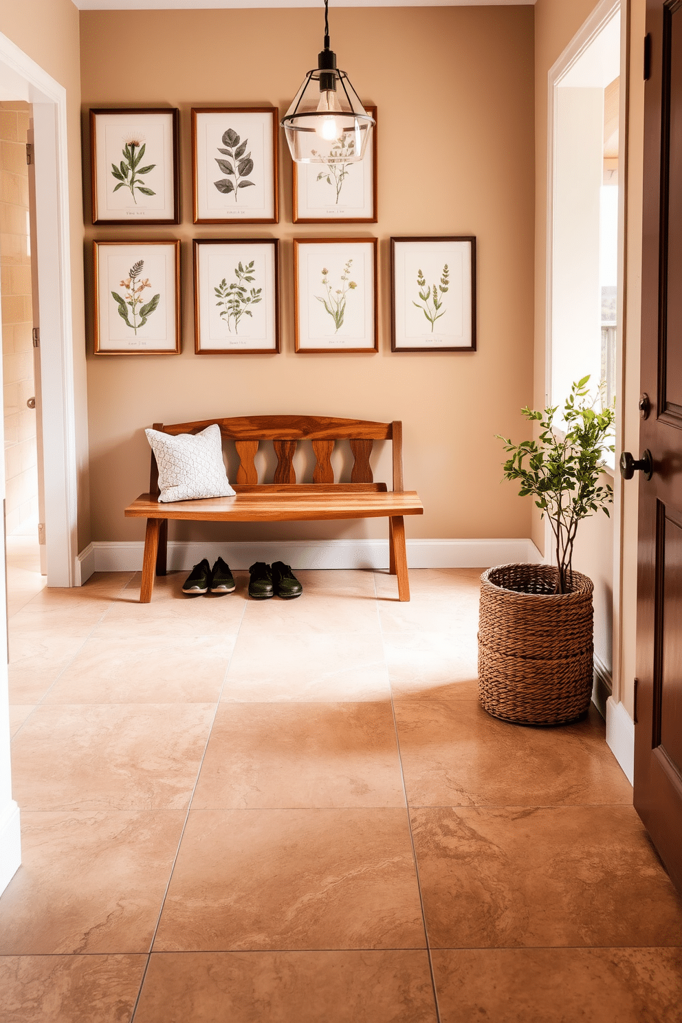 A serene foyer featuring earthy tones that create a calming atmosphere. The floor is adorned with large, textured tiles in warm beige and soft brown hues, complemented by a rustic wooden bench against the wall. Above the bench, a collection of framed botanical prints adds a touch of nature, while a woven basket sits nearby, perfect for storing shoes. Soft lighting from a pendant fixture casts a warm glow, enhancing the inviting ambiance of the space.