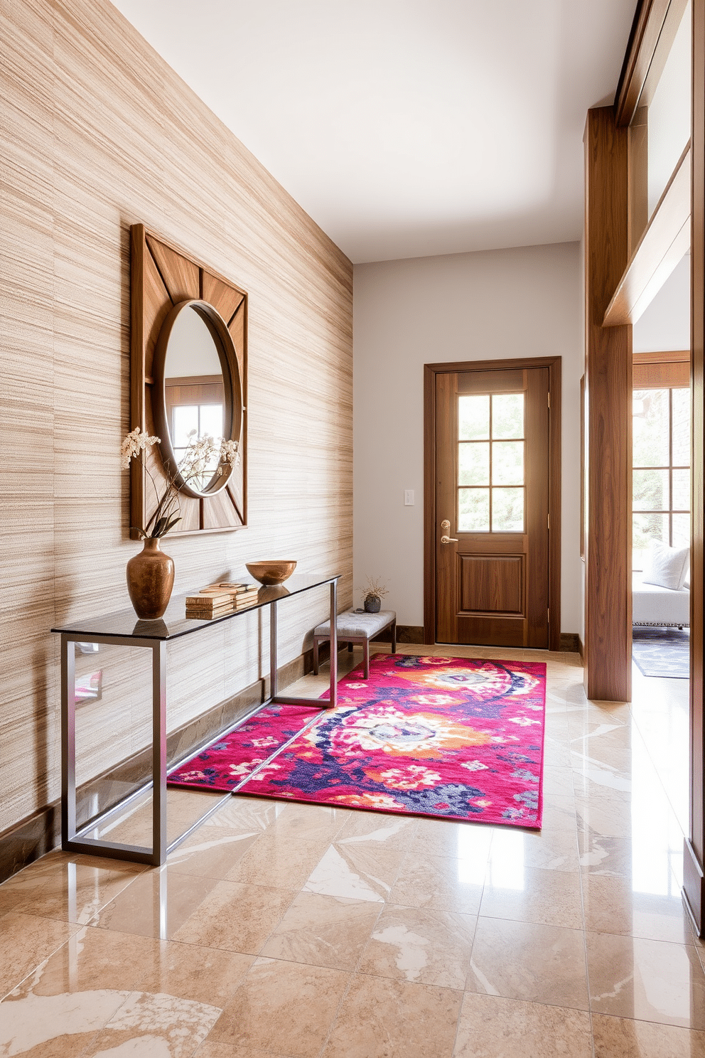 A striking foyer features a blend of materials, combining sleek marble and warm wood to create a welcoming atmosphere. The floor showcases an intricate tile pattern in earthy tones, complemented by a modern console table made of glass and metal. The walls are adorned with textured wallpaper that adds depth, while a large mirror with a rustic wooden frame enhances the space. A vibrant area rug anchors the design, providing a pop of color and inviting comfort as you enter the home.