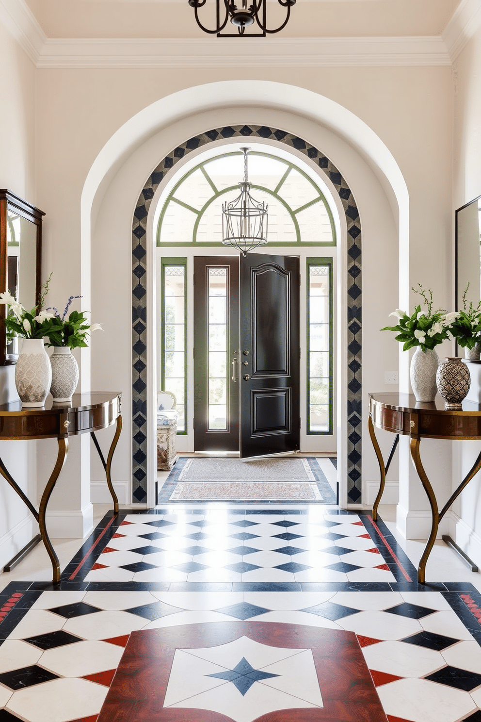 A striking foyer featuring bold border tiles that create a stunning frame around the entryway. The floor is adorned with a geometric pattern in contrasting colors, drawing the eye and setting an inviting tone for the home. Flanking the entrance, elegant console tables are topped with decorative vases and fresh greenery. The walls are painted in a soft, neutral hue to enhance the vibrancy of the tile design while providing a warm welcome.