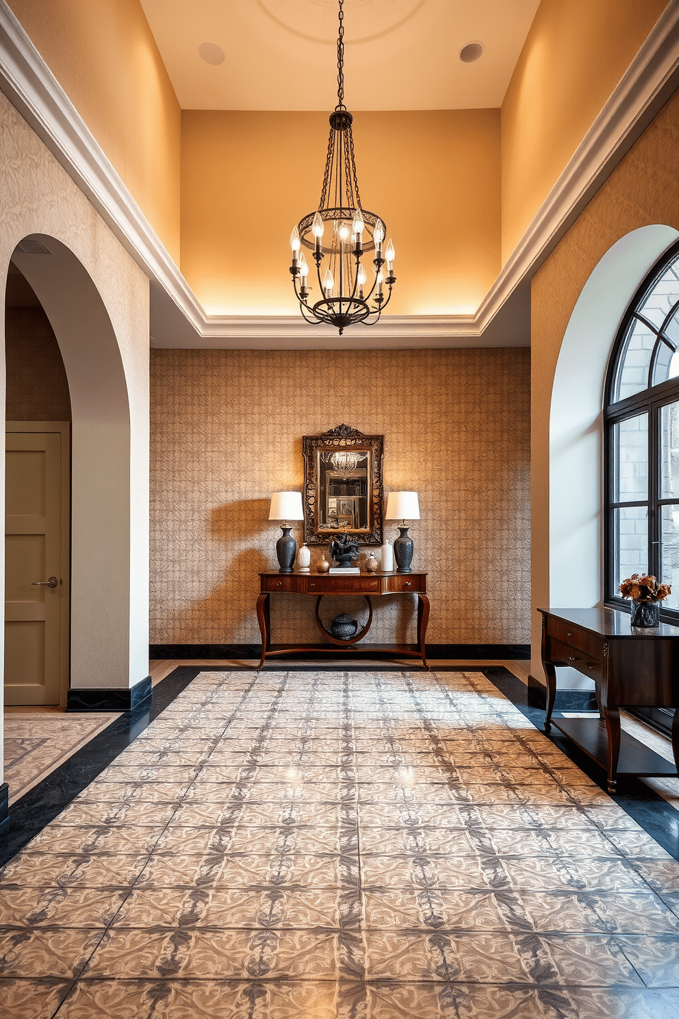 A grand foyer features intricate lattice-patterned tiles that create a timeless elegance. The tiles are arranged in a geometric design, complemented by a rich wooden console table adorned with decorative accents. Soft, ambient lighting highlights the textured walls, painted in a warm neutral tone. A statement chandelier hangs above, casting a welcoming glow over the entryway and enhancing the classic charm of the space.