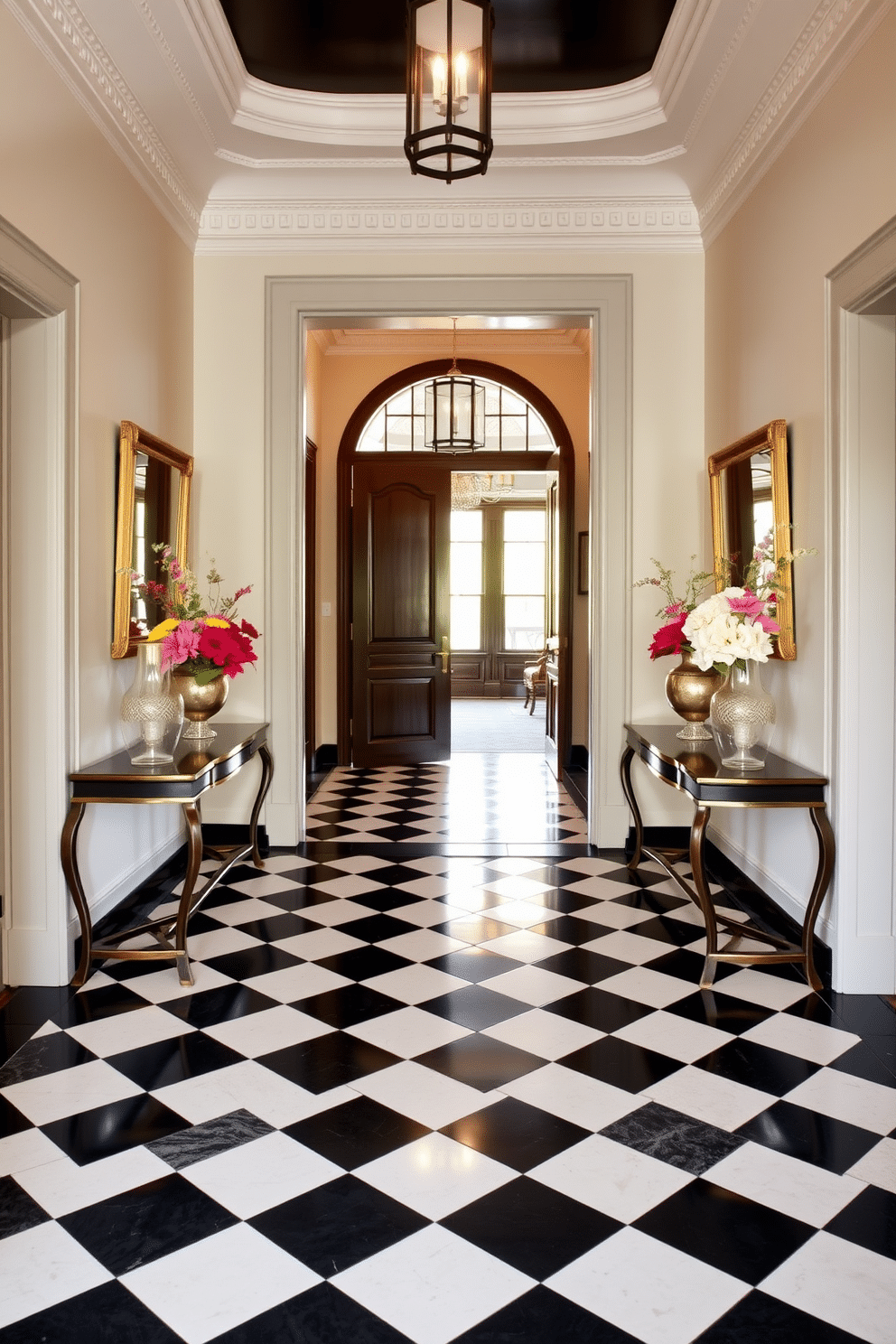 A striking foyer features classic black and white checkerboard tiles that create a bold visual statement. Flanking the entrance, elegant console tables are adorned with decorative vases and fresh flowers, enhancing the sophisticated ambiance.