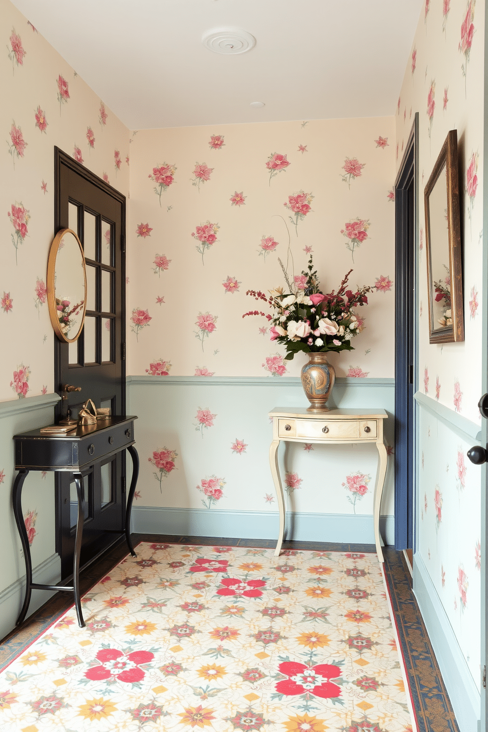 A whimsical foyer adorned with floral motifs creates a cheerful entrance. The walls are painted in soft pastel hues, featuring delicate floral patterns that invite warmth and charm. The floor showcases an intricate tile design, blending vibrant colors and geometric shapes. A stylish console table with a floral arrangement sits against the wall, enhancing the playful atmosphere.