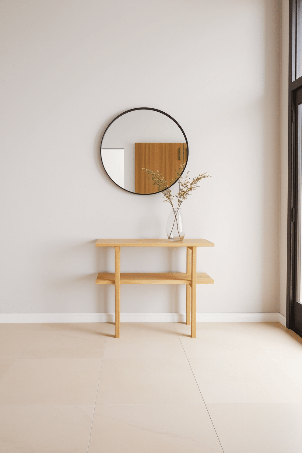 A welcoming foyer with neutral tones creates a timeless first impression. The floor features large, matte porcelain tiles in soft beige, complemented by a textured, light gray wall. A minimalist console table in natural wood sits against the wall, adorned with a simple vase of greenery. Above the table, a round mirror with a thin black frame reflects the warm, inviting ambiance of the space.