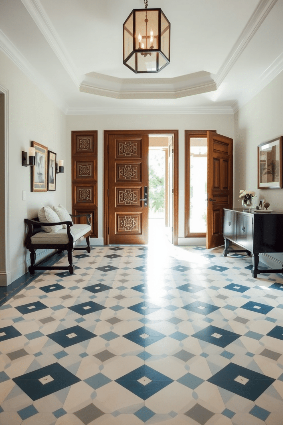 A stunning foyer featuring a unique tile design that combines geometric patterns in soft blues and whites. The tiles create an inviting pathway leading to a beautifully crafted wooden door with intricate carvings. On one side of the foyer, a custom-built bench with plush cushions offers a comfortable spot to sit. Above the bench, a statement light fixture casts a warm glow, enhancing the overall ambiance of the space.