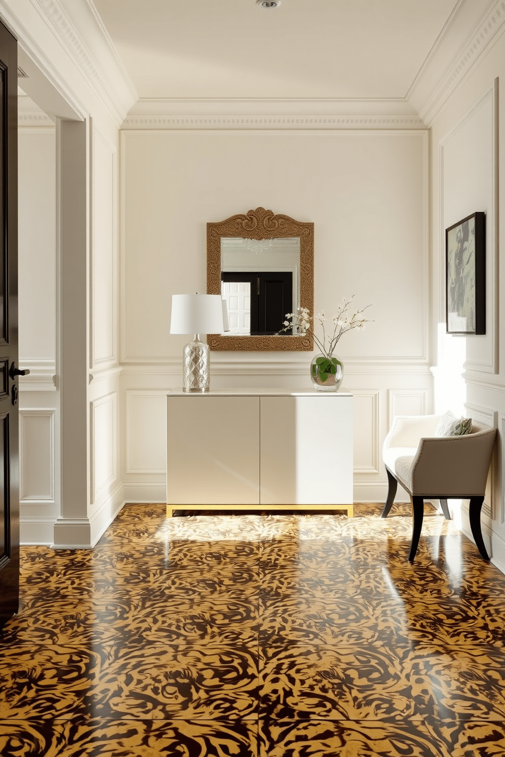 A striking foyer showcases bold faux animal print tiles that create an eye-catching entrance. The walls are adorned with elegant wainscoting in a soft cream color, enhancing the luxurious feel of the space. A sleek console table with a glossy finish sits against the wall, topped with a decorative mirror that reflects natural light. To the side, a plush bench upholstered in a complementary fabric invites guests to sit and remove their shoes.