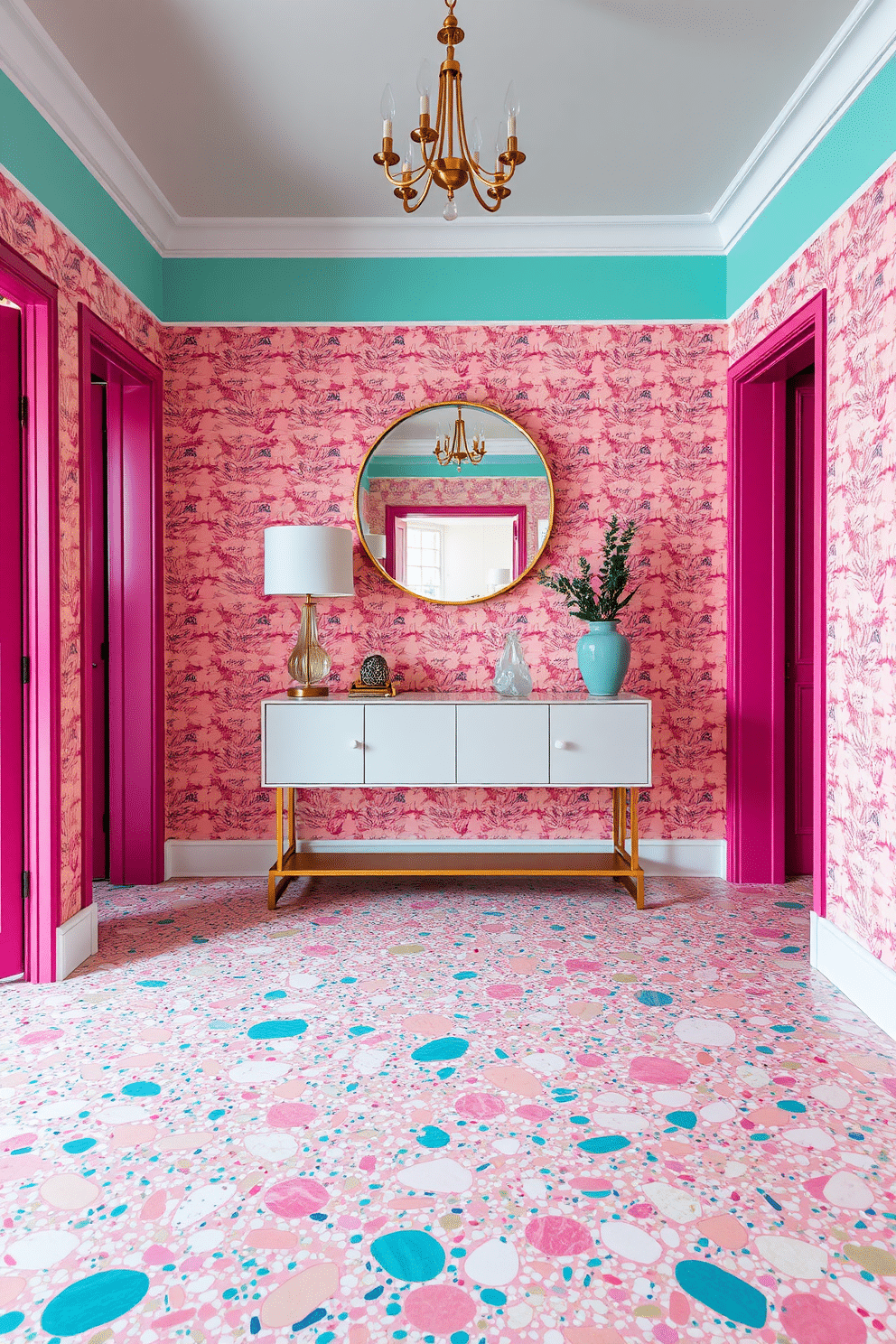 A vibrant foyer featuring terrazzo tiles in a mix of pastel colors, creating a retro flair that instantly captures attention. The walls are adorned with vintage-inspired wallpaper, while a sleek console table with a round mirror above it adds a modern touch.