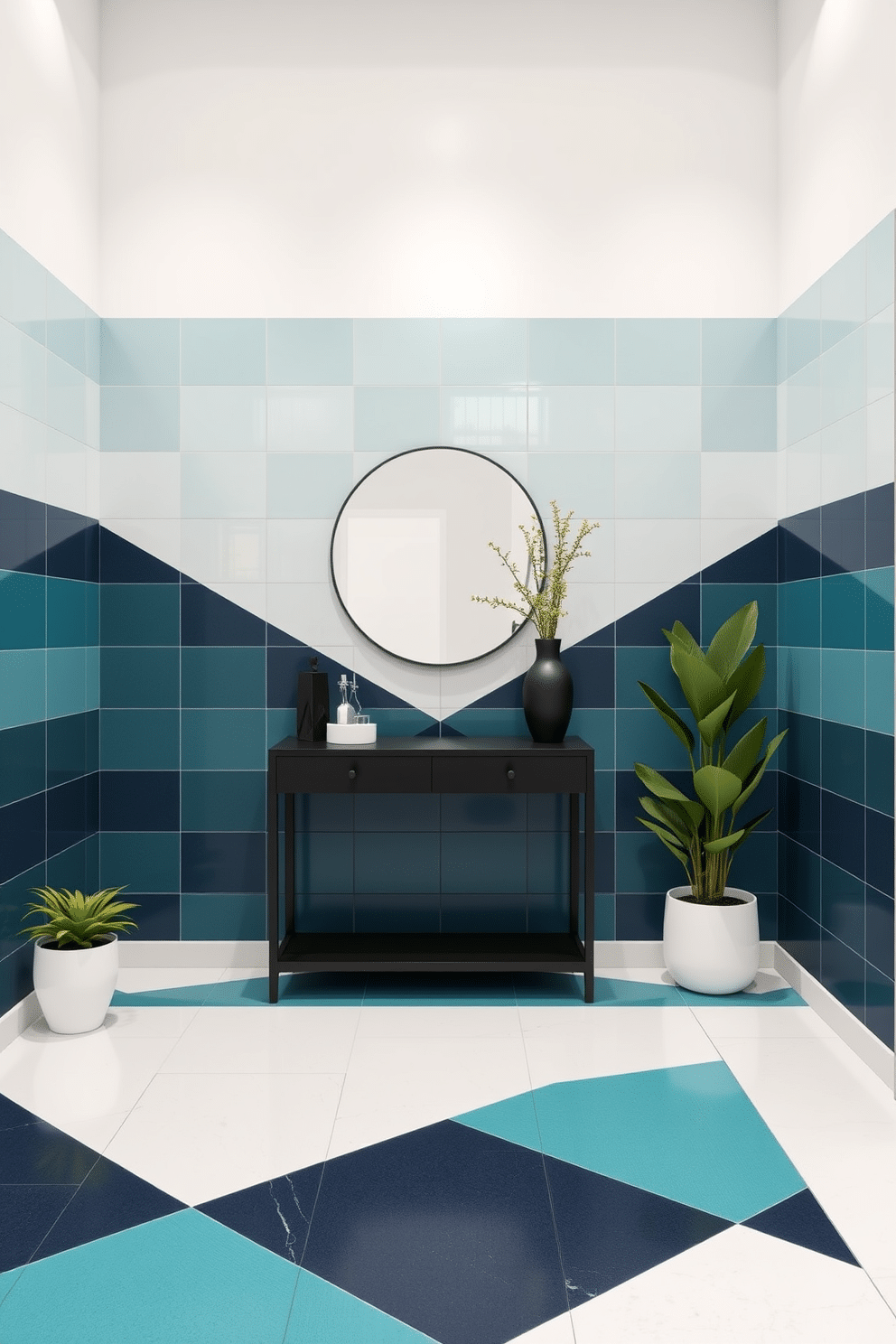 A modern foyer featuring an eye-catching tile design that incorporates bold color gradients, seamlessly blending shades of teal, navy, and white. The tiles are arranged in a geometric pattern, creating a dynamic visual effect that draws the eye toward the entrance. The foyer is accented with sleek, minimalist furniture, including a console table with a matte black finish and a round mirror above it. Potted plants in contemporary planters add a touch of greenery, enhancing the modern aesthetic while providing a warm welcome.