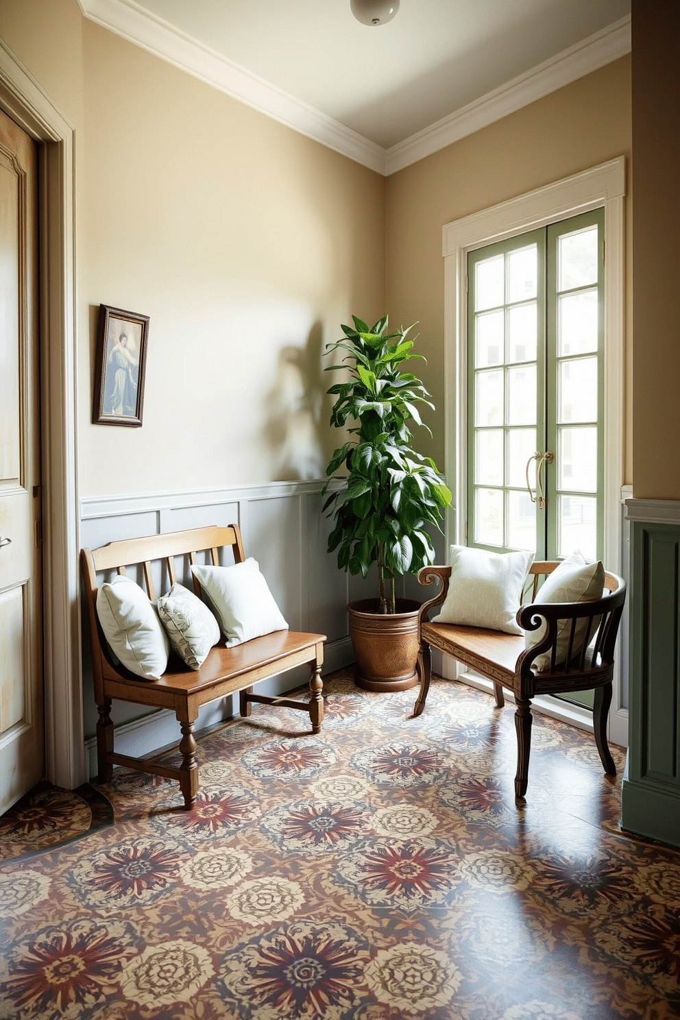 A charming foyer with vintage encaustic tiles that showcase intricate patterns and vibrant colors, creating a warm welcome. The space features a classic wooden bench against the wall, adorned with plush cushions that complement the tile design. A large potted plant stands near the entrance, adding a touch of greenery to the area. Soft, natural light filters in through a nearby window, highlighting the unique textures of the tiles and enhancing the inviting atmosphere.