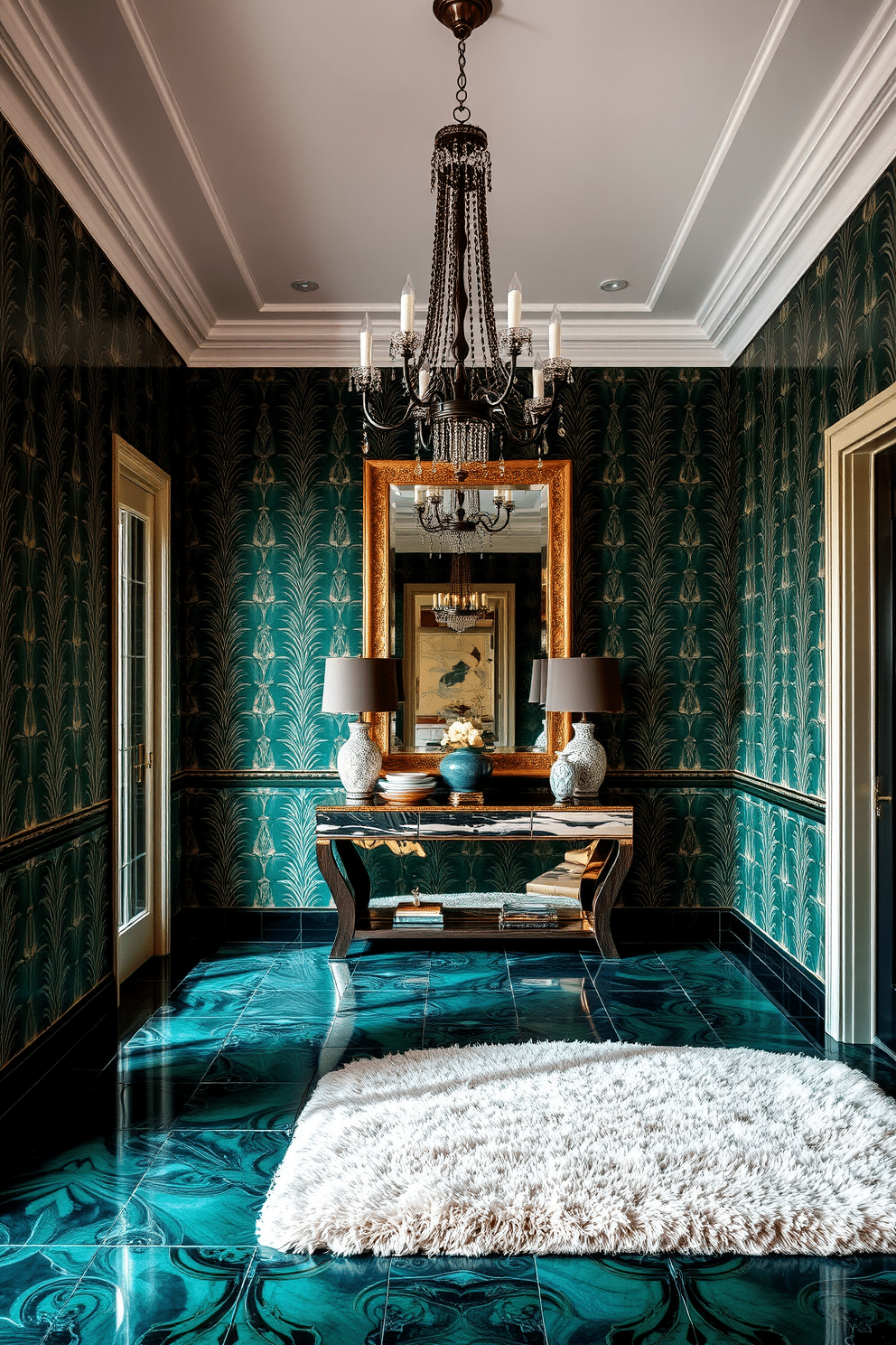 A glamorous foyer featuring art deco inspired tiles in rich jewel tones, creating a striking visual impact. The intricate geometric patterns enhance the elegance of the space, while a plush area rug adds warmth and comfort beneath a stunning chandelier. The walls are adorned with luxurious wallpaper that complements the tile design, featuring subtle metallic accents. A stylish console table showcases decorative objects and a large mirror, reflecting the opulence of the foyer.