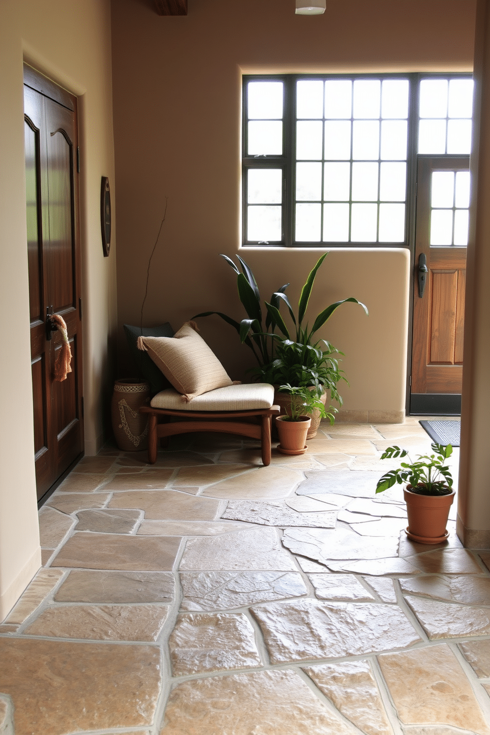 A rustic foyer featuring natural stone flooring that evokes a warm, earthy ambiance. The stone is complemented by a handcrafted wooden bench adorned with soft, textured cushions, creating an inviting entryway. The walls are painted in a soft beige, enhancing the natural light that floods in through a large window. A collection of potted plants is arranged near the entrance, adding a touch of greenery and freshness to the space.