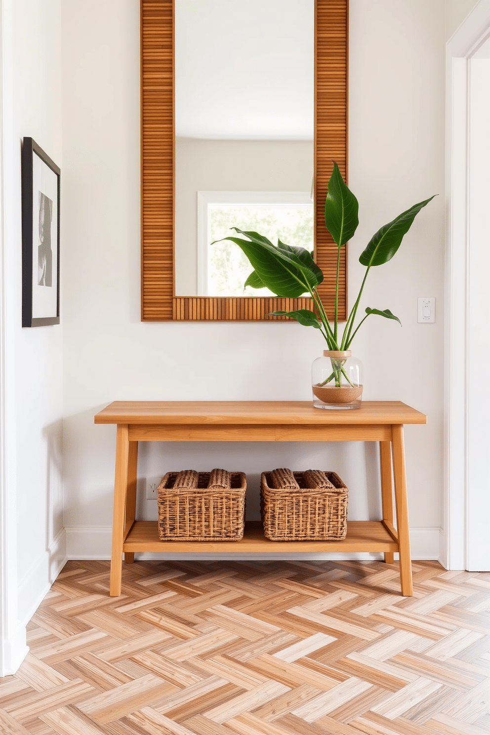 A welcoming foyer features sustainable bamboo tiles that enhance the eco-friendliness of the space. The tiles are arranged in a herringbone pattern, complemented by a natural wood console table adorned with a potted plant and a stylish mirror above.