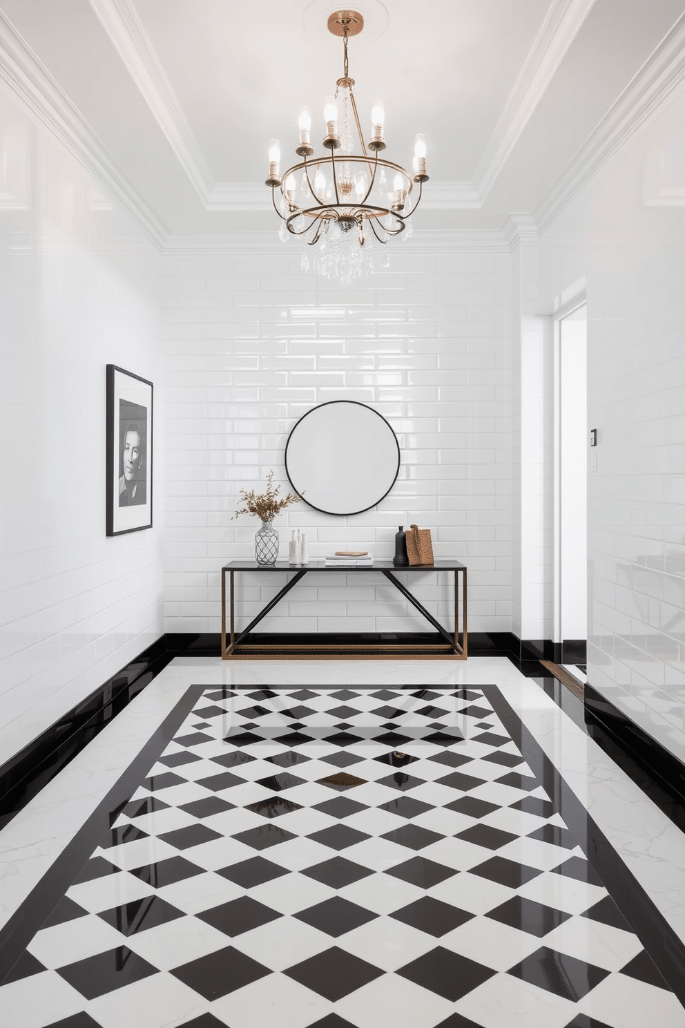 A sleek foyer features a striking design with large subway tiles in a glossy white finish that reflects natural light. The walls are adorned with minimalist art, and a stylish console table sits against one side, topped with decorative items and a small potted plant. The floor showcases a bold geometric pattern with contrasting black and white tiles, creating a dynamic visual effect. A statement chandelier hangs above, providing a warm glow and enhancing the modern aesthetic of the space.