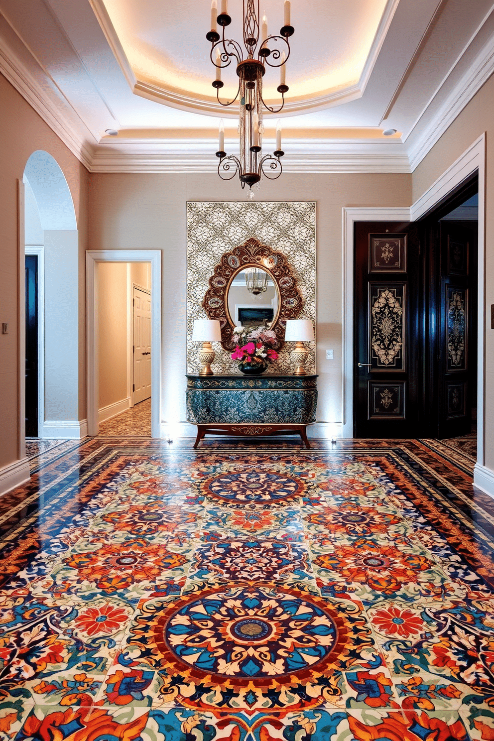 A grand foyer featuring intricate mosaic tile designs that create a stunning visual impact. The floor is adorned with a blend of vibrant colors and geometric patterns, drawing the eye and welcoming guests. Soft, ambient lighting highlights the tile work, enhancing the elegance of the space. A statement console table sits against the wall, adorned with a decorative mirror and fresh floral arrangements.