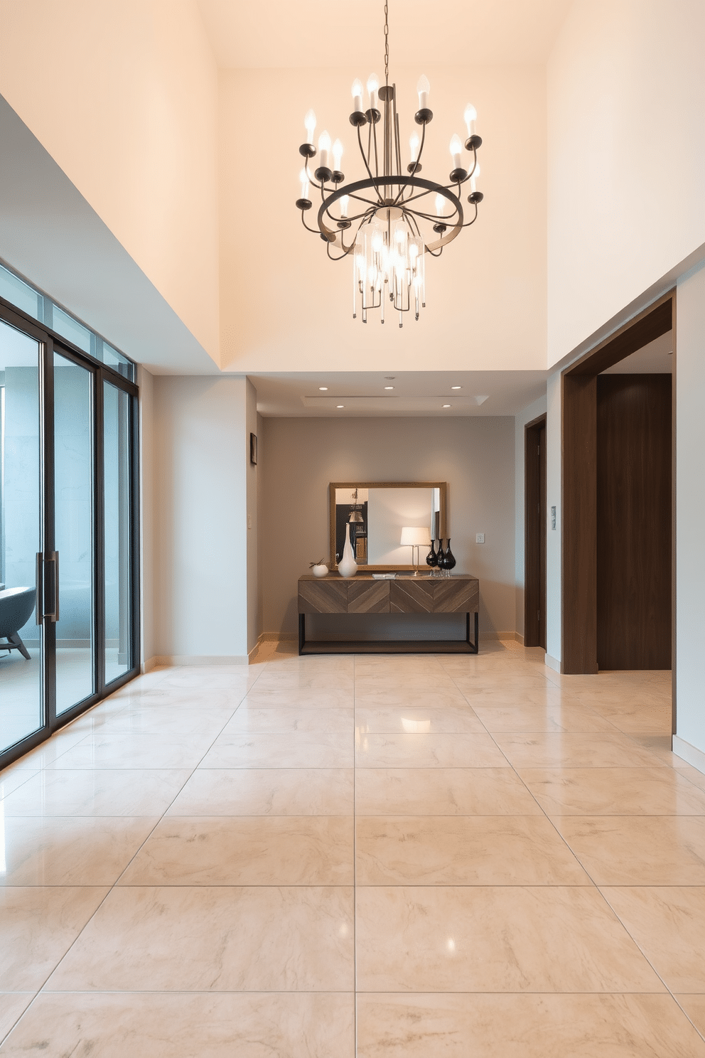 A spacious foyer featuring large format tiles that enhance the sense of openness. The tiles are arranged in a subtle pattern, creating a seamless flow from the entrance into the main living area. The foyer is illuminated by a modern chandelier hanging from a high ceiling, casting a warm glow over the space. A stylish console table against the wall displays decorative items and a mirror, adding depth and elegance to the design.