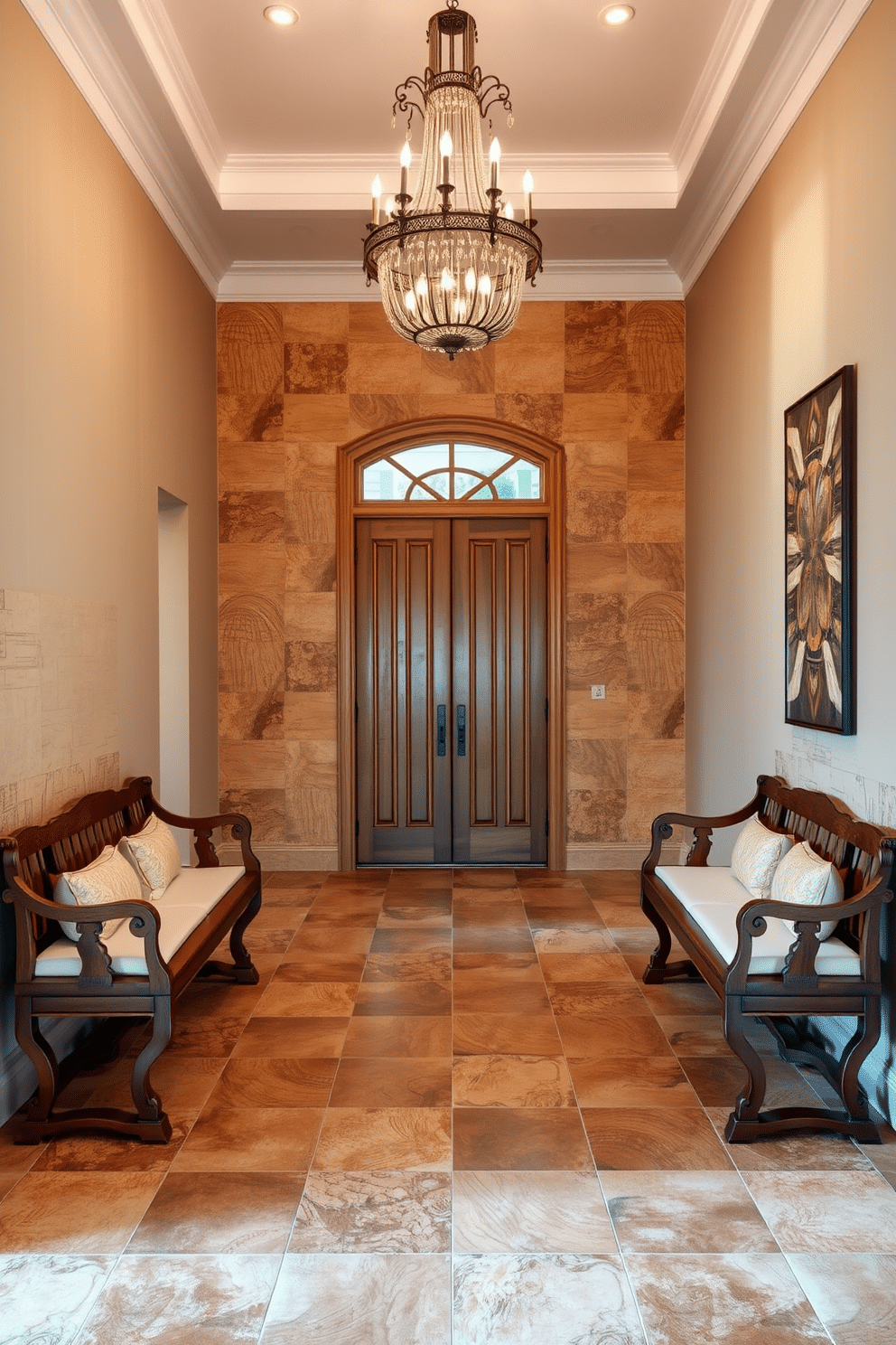 A stunning foyer showcasing textured tiles that add depth and dimension to the space. The floor features a mix of earthy tones with intricate patterns, creating a warm and inviting atmosphere. Flanking the entrance, a pair of elegant wooden benches provide seating, accented by plush cushions. Above, a statement chandelier hangs, casting a soft glow that highlights the unique tile design.