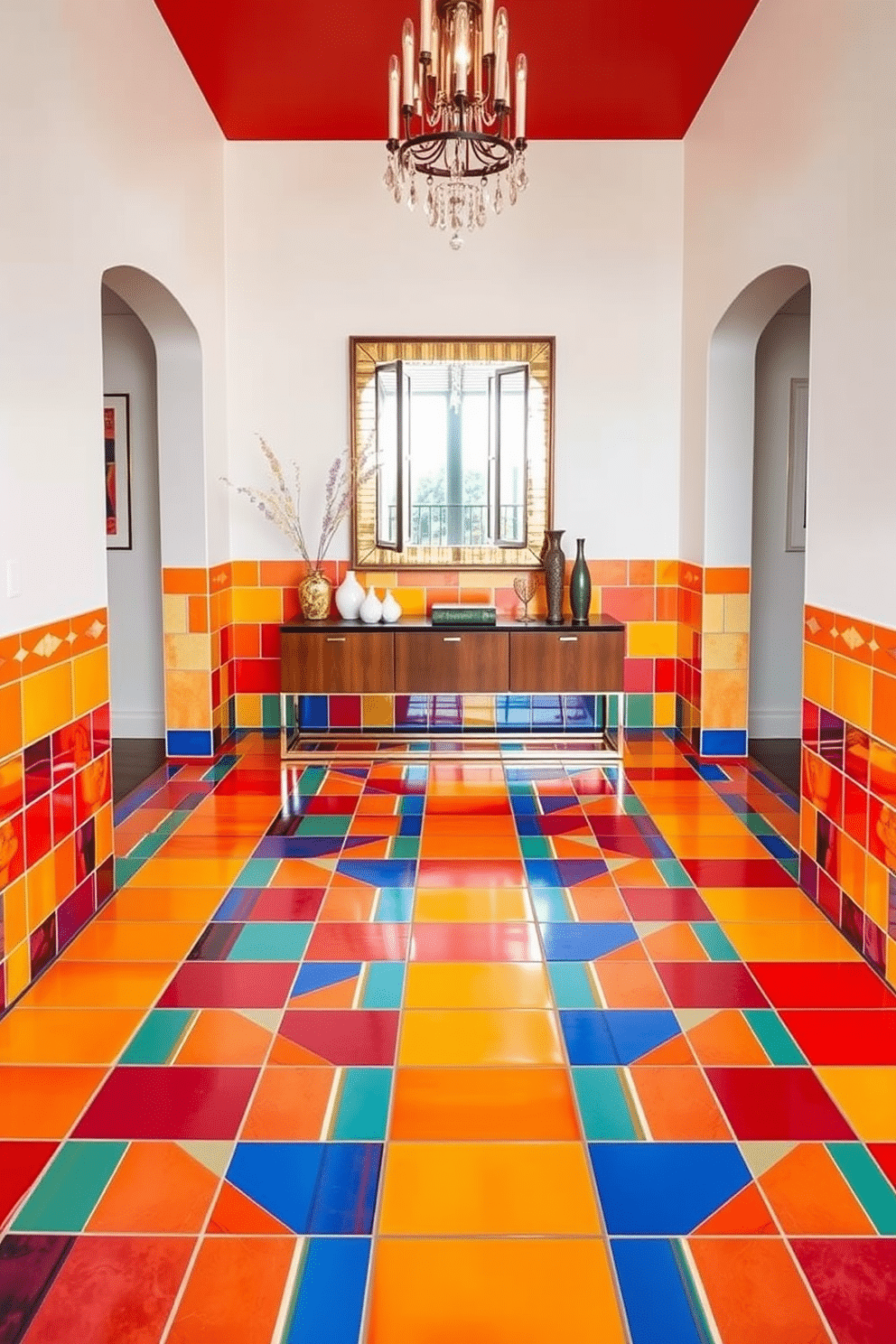 A vibrant foyer featuring a stunning arrangement of brightly colored ceramic tiles in a geometric pattern. The tiles create a lively atmosphere, complemented by a sleek console table adorned with decorative accents and a large mirror that reflects the colorful design.