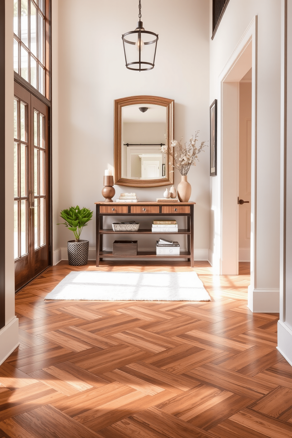 A welcoming foyer features wood-look tiles that create a warm and charming atmosphere. The tiles are arranged in a herringbone pattern, complemented by a stylish console table adorned with decorative accents. Natural light filters in through a large window, illuminating the space and highlighting the rich tones of the wood-like flooring. A plush area rug adds texture and comfort, while a statement mirror above the console table enhances the sense of openness.