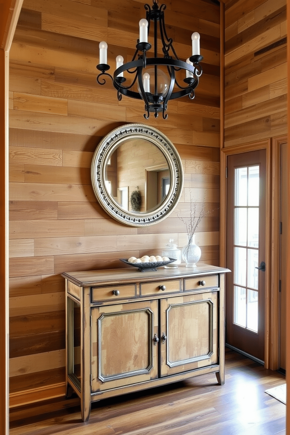 A cozy foyer adorned with rustic wood paneling that exudes warmth and charm. The walls feature a combination of horizontal and vertical planks, creating a textured backdrop for a vintage console table. Above the console, a large round mirror with a distressed frame reflects natural light. Soft, ambient lighting from a wrought iron chandelier enhances the inviting atmosphere of the space.