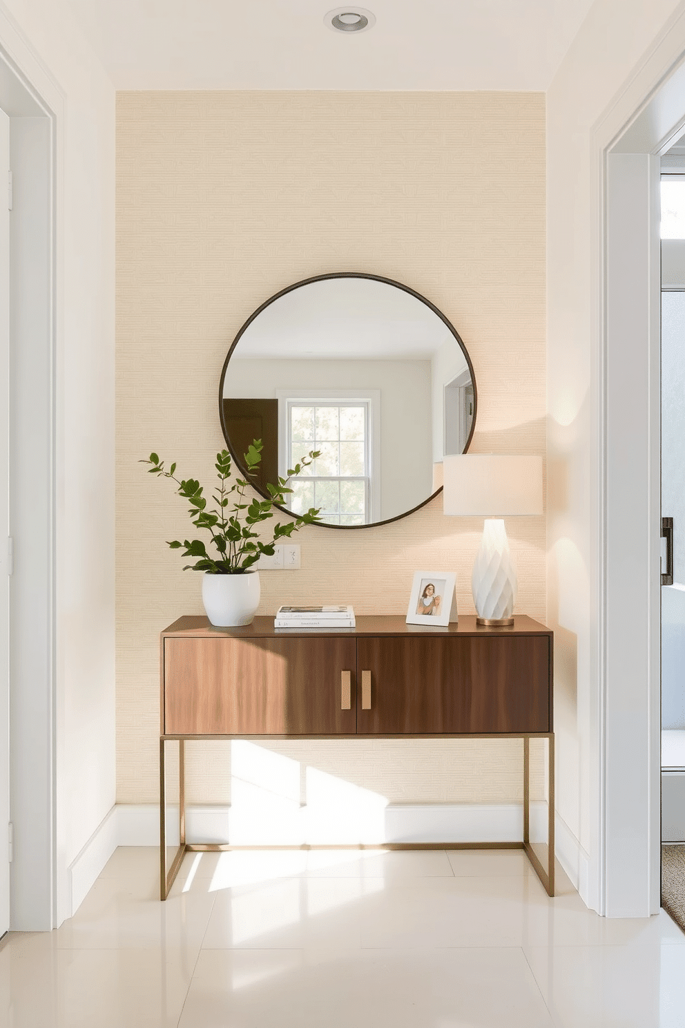 A welcoming foyer featuring a textured wall in soft neutral tones, complemented by a sleek console table with minimalist decor. A large round mirror hangs above the table, reflecting the natural light from a nearby window, while a small potted plant adds a touch of greenery.