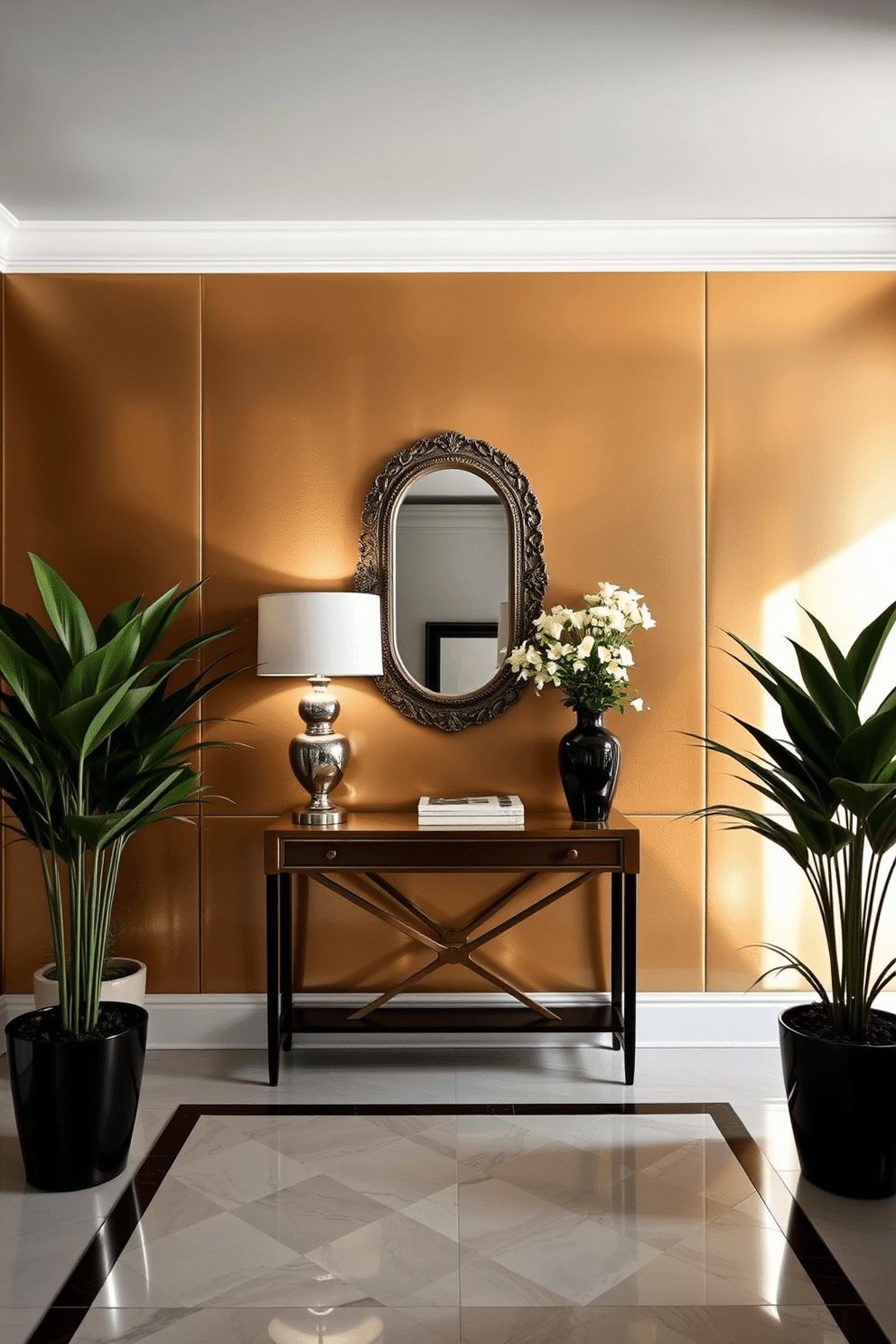 A stunning foyer featuring a statement wall painted in a rich metallic hue that reflects light beautifully. The space is adorned with an elegant console table topped with a decorative mirror and a stylish lamp, creating an inviting atmosphere. Incorporate geometric patterns in the metallic paint to add depth and visual interest to the foyer wall. Flanking the wall are tall potted plants that enhance the luxurious feel of the entrance, making a memorable first impression.