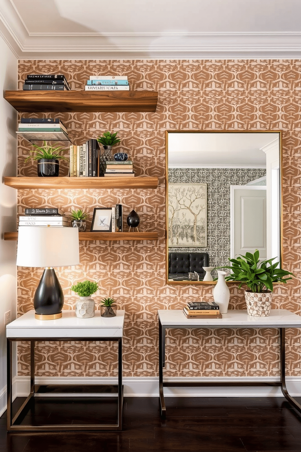 Open shelving for decorative displays. The shelves are crafted from reclaimed wood, showcasing an array of curated decorative items, including books, plants, and unique sculptures. Foyer wall design ideas. A statement wall features a bold geometric wallpaper, complemented by a sleek console table adorned with a stylish lamp and a large mirror that enhances the space's depth.