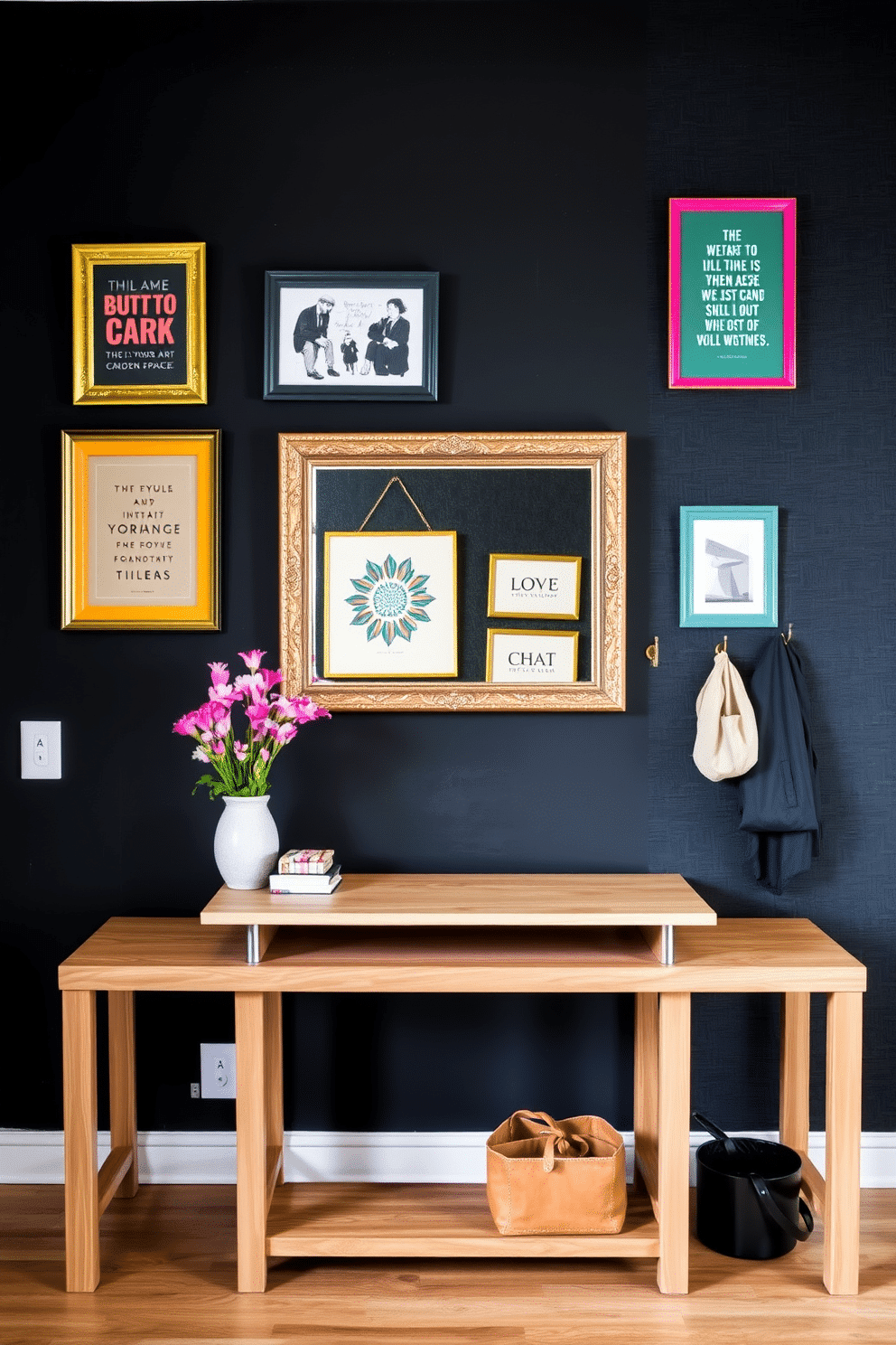 A chalkboard wall in a creative space invites inspiration and interaction. The surface is painted with matte black chalkboard paint, surrounded by vibrant, colorful frames showcasing artwork and motivational quotes. For the foyer wall design, consider a striking feature wall with textured wallpaper that adds depth and character. Incorporate a sleek console table beneath a large mirror, and adorn the space with decorative hooks for coats and bags, creating a warm and welcoming entrance.