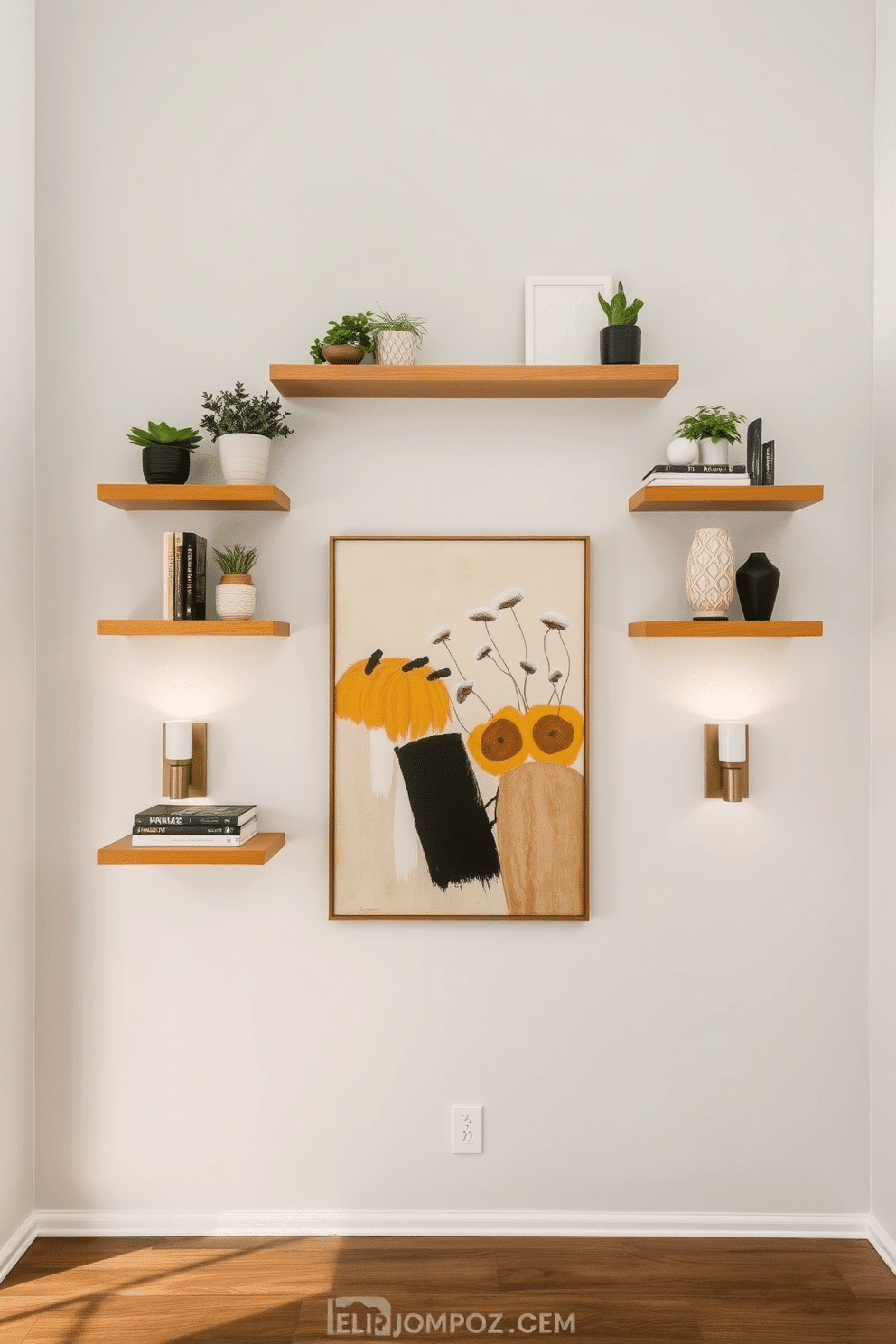 A set of floating shelves elegantly arranged on a light gray wall, showcasing an array of stylish decor items such as potted plants, art books, and decorative sculptures. The shelves are made of natural wood, adding warmth to the space, while the decor items feature a mix of textures and colors for visual interest. A striking foyer wall designed with a bold accent color, featuring a large piece of abstract art as the focal point. Flanking the artwork are two sleek sconces that provide soft lighting, creating an inviting atmosphere as guests enter the home.