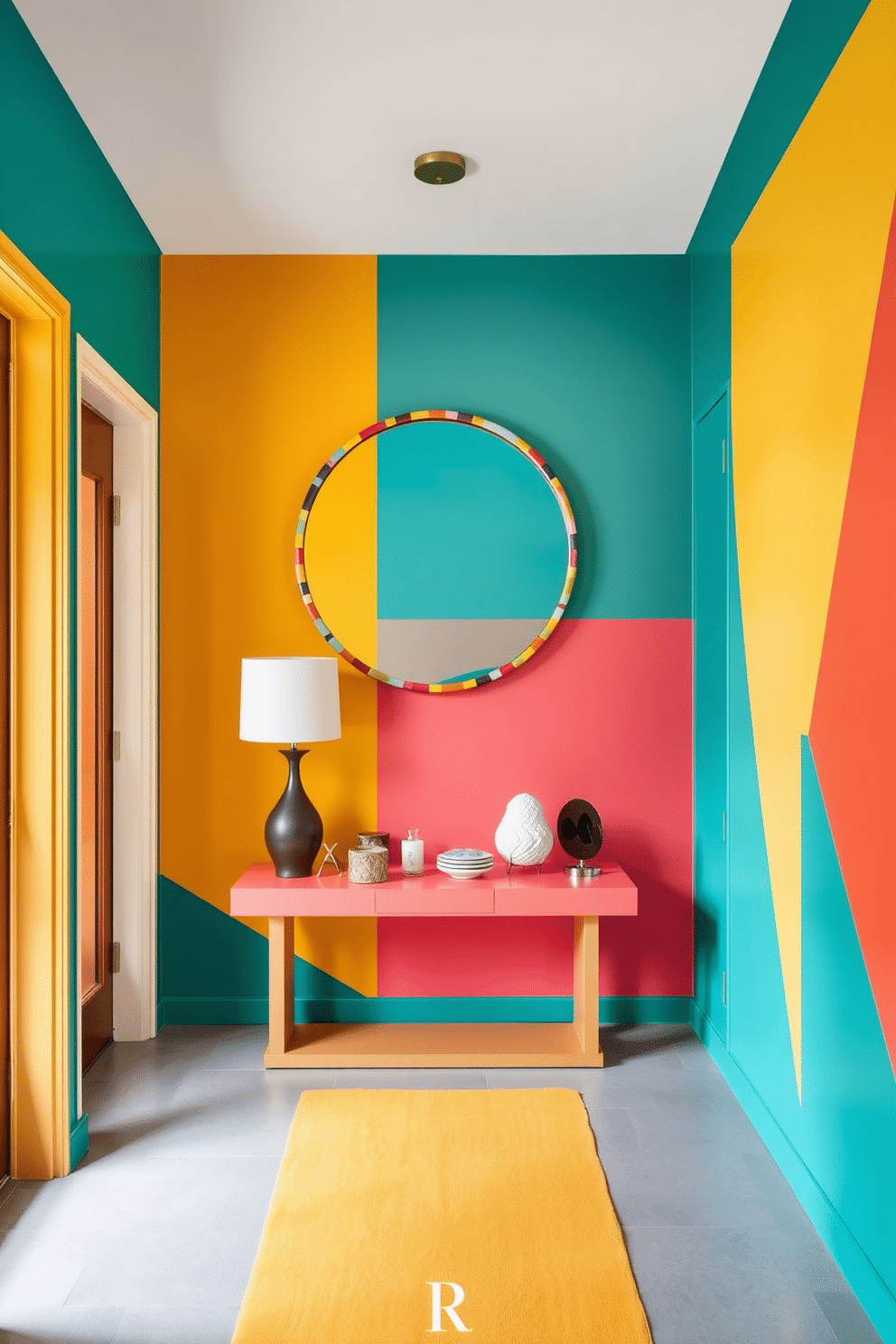 A vibrant foyer featuring a bold color block design that energizes the space. The walls are divided into large geometric sections painted in bright shades of teal, coral, and mustard, creating a dynamic visual impact. At the center of the foyer, a sleek console table in a contrasting color showcases a collection of decorative objects. Above the table, a large round mirror with a colorful frame reflects the lively atmosphere of the entryway.