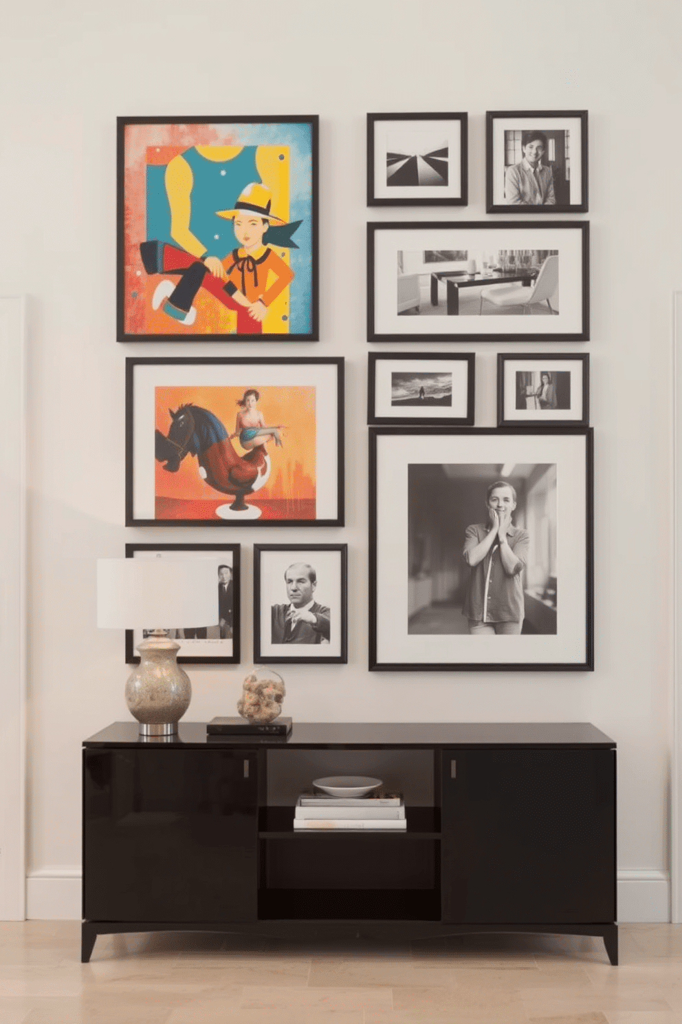 A stunning foyer wall adorned with framed art pieces in varying sizes creates an inviting atmosphere. The arrangement features a mix of colorful abstract paintings and black-and-white photographs, harmonizing with the warm tones of the surrounding decor. The wall is painted in a soft cream color, providing a neutral backdrop that enhances the vibrancy of the artwork. A sleek console table below the art display holds decorative objects and a stylish lamp, adding functionality and elegance to the space.