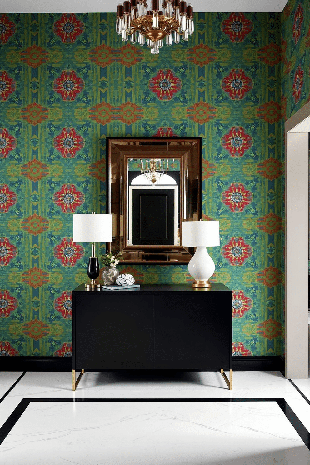 A striking foyer features bold wallpaper adorned with geometric patterns in vibrant colors, creating an eye-catching entryway. The design is complemented by a sleek console table below a decorative mirror, enhancing the space's modern aesthetic.