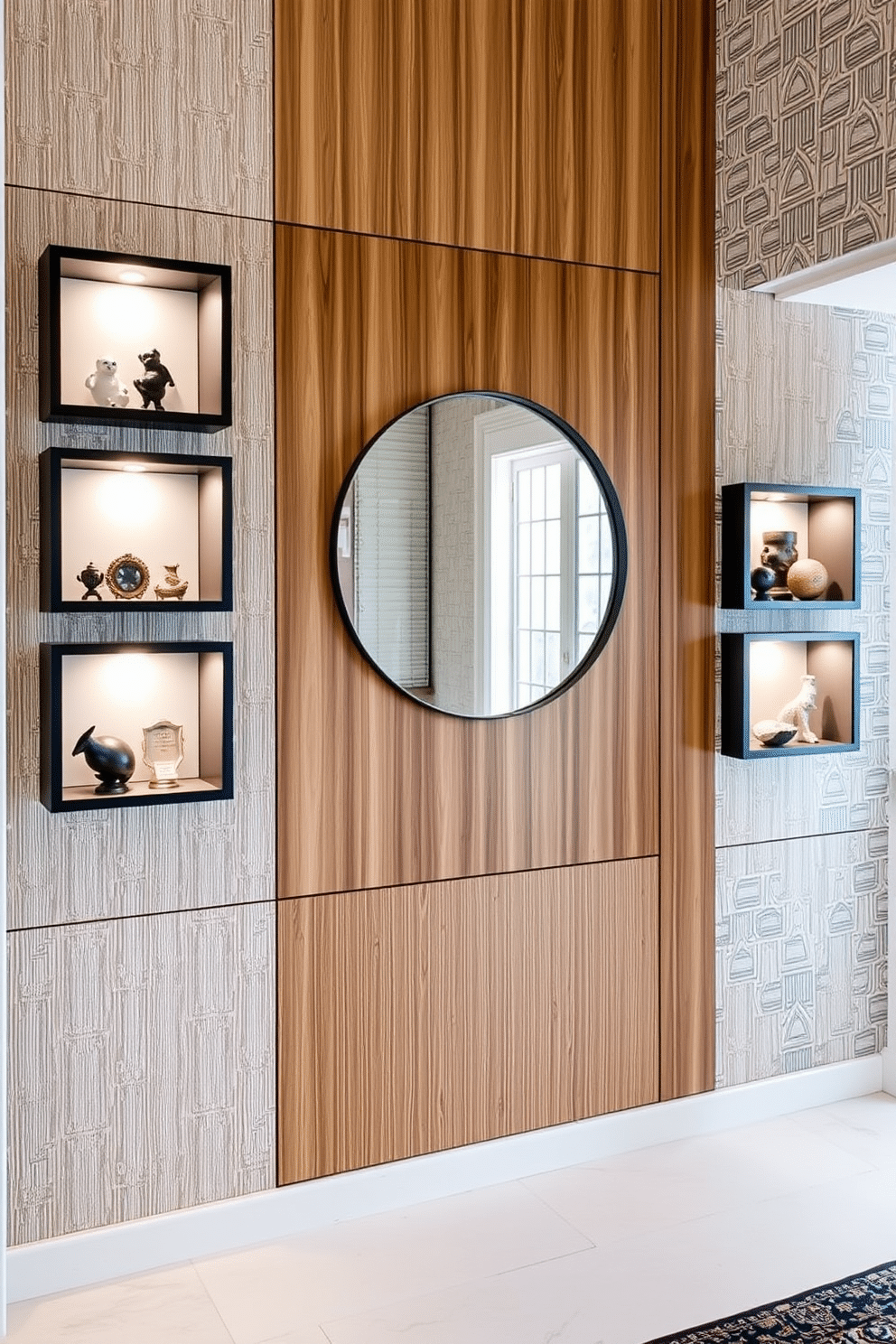 A series of shadow box displays elegantly showcase a variety of collectibles, with each box framed in a sleek black finish. Soft LED lighting highlights the items within, creating a dramatic contrast against the warm wood paneling of the wall. The foyer features a striking wall design that combines textured wallpaper with geometric patterns in muted tones. A large, round mirror hangs centrally, reflecting natural light and enhancing the spacious feel of the entryway.