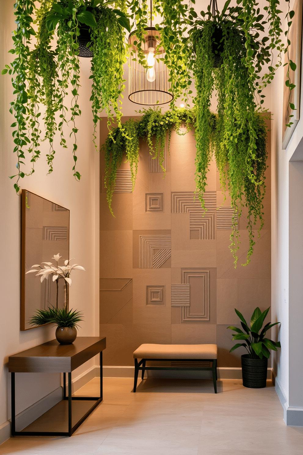 A welcoming foyer adorned with various hanging plants that cascade gracefully from the ceiling, creating a lively and fresh atmosphere. The walls are painted a soft, neutral color, complemented by a sleek console table beneath a large mirror, reflecting the beauty of the greenery above. The focal point of the foyer features an artistic wall design, incorporating geometric patterns in muted tones that add depth and interest. Accent lighting highlights the unique textures, while a small bench provides a cozy spot for guests to sit and enjoy the inviting space.