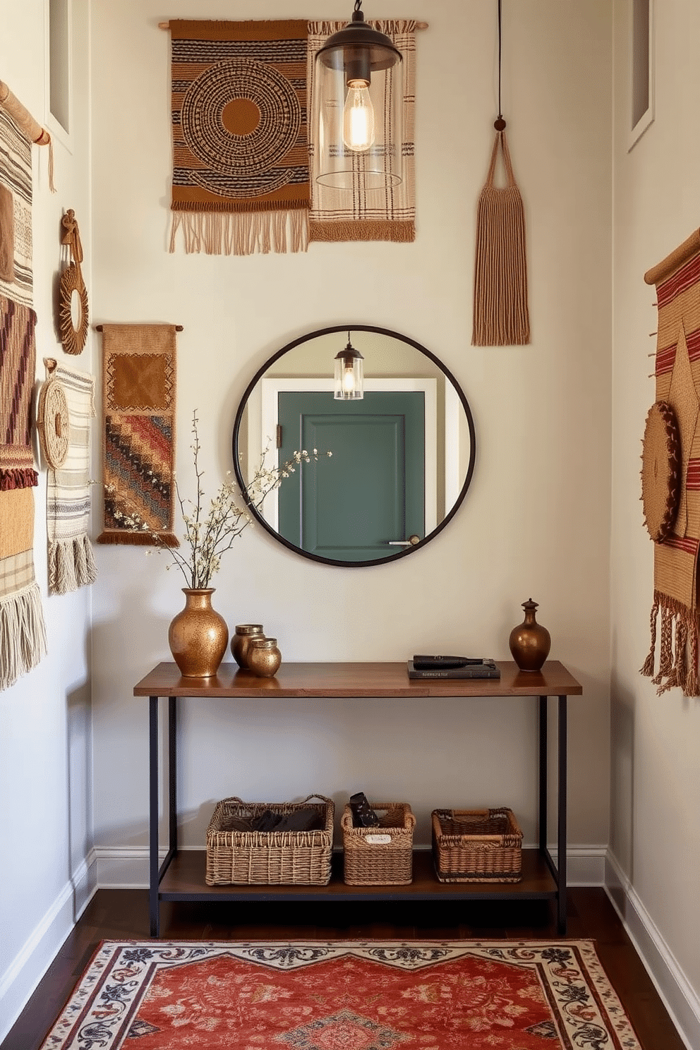 A cozy foyer featuring textile wall hangings that add warmth and texture. The walls are adorned with a mix of woven fabrics in earthy tones, complemented by a stylish console table beneath a large, round mirror. Incorporate soft lighting with pendant fixtures that highlight the textile art. A patterned area rug anchors the space, inviting guests into a welcoming atmosphere.