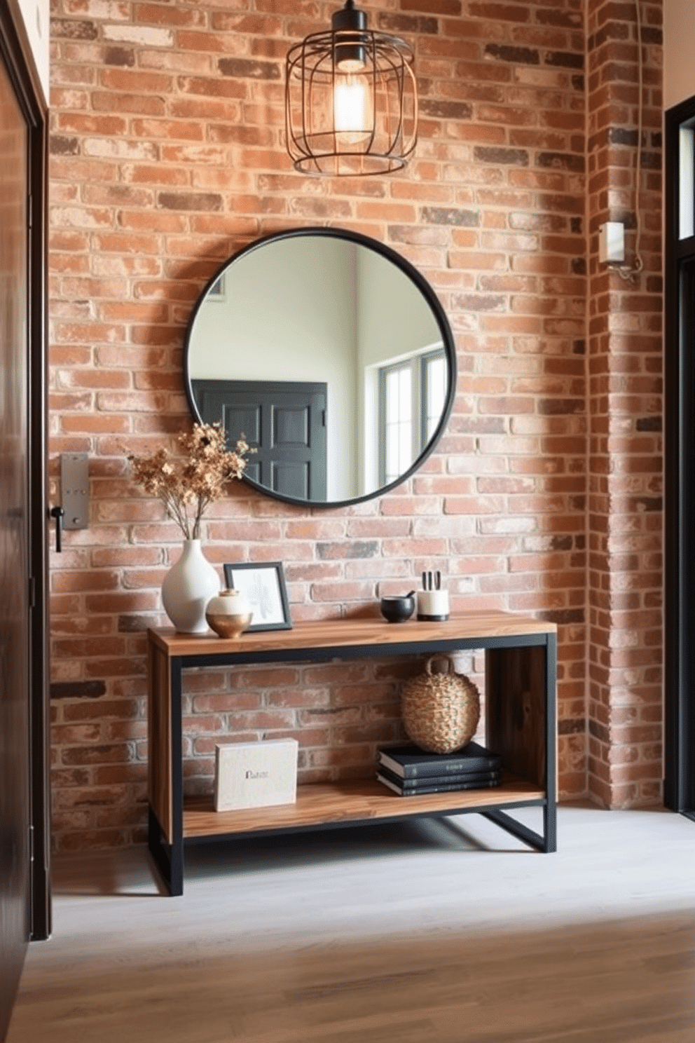 A striking foyer features industrial-style exposed brick walls that add a raw, urban charm to the space. A sleek, minimalist console table made of reclaimed wood stands against the brick, adorned with a few curated decor pieces for an inviting touch. Above the console, a large, round mirror with a black metal frame reflects the natural light streaming in from a nearby window. A statement pendant light with an industrial design hangs from the ceiling, enhancing the overall aesthetic of the foyer.