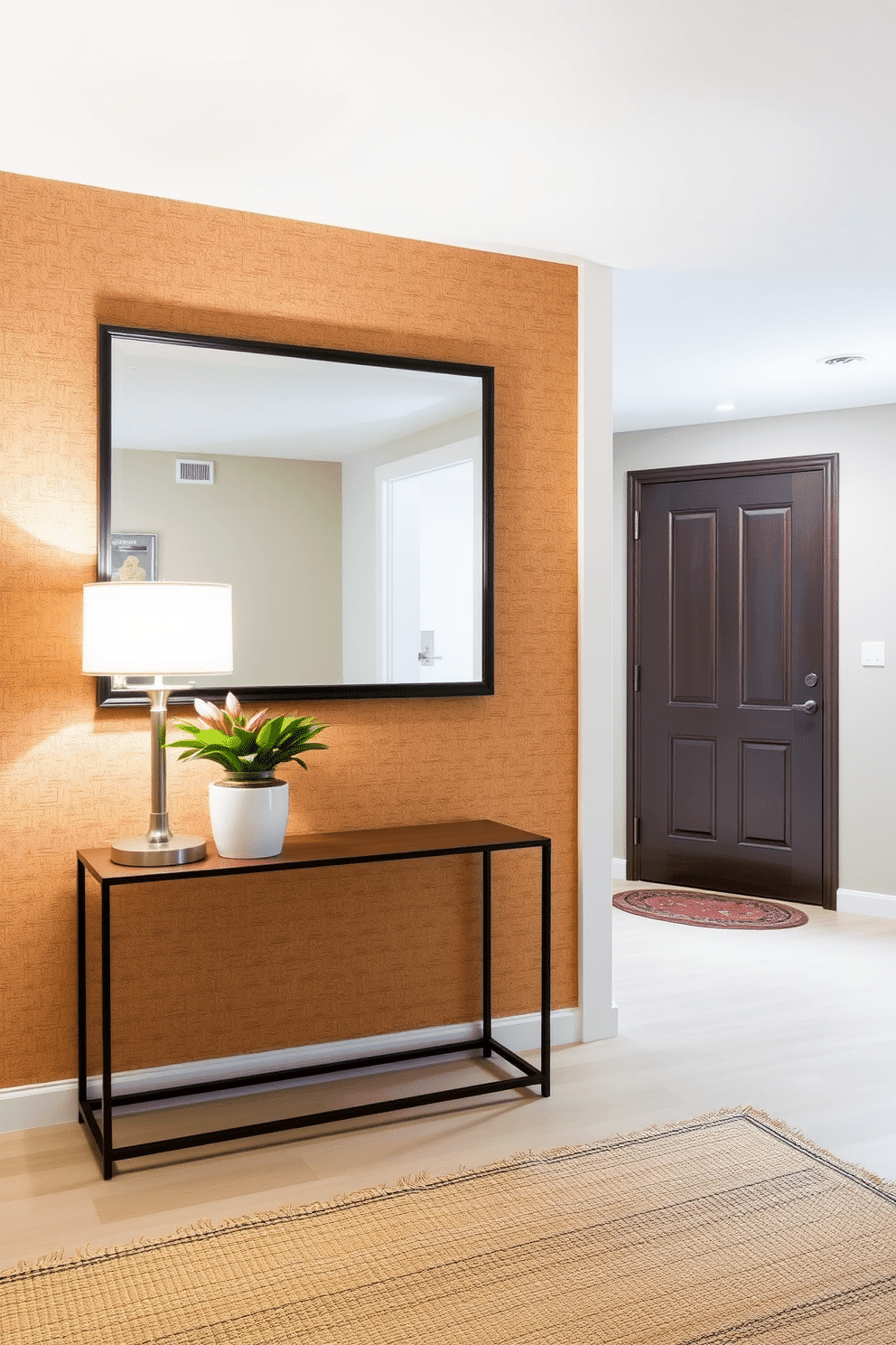 A stunning foyer featuring a cork wall that adds warmth and texture to the space. The natural tones of the cork complement a minimalist console table adorned with a sleek lamp and a vibrant potted plant. The design incorporates a large, framed mirror that reflects light and enhances the sense of space. Soft, ambient lighting creates an inviting atmosphere, while a woven rug adds comfort underfoot.