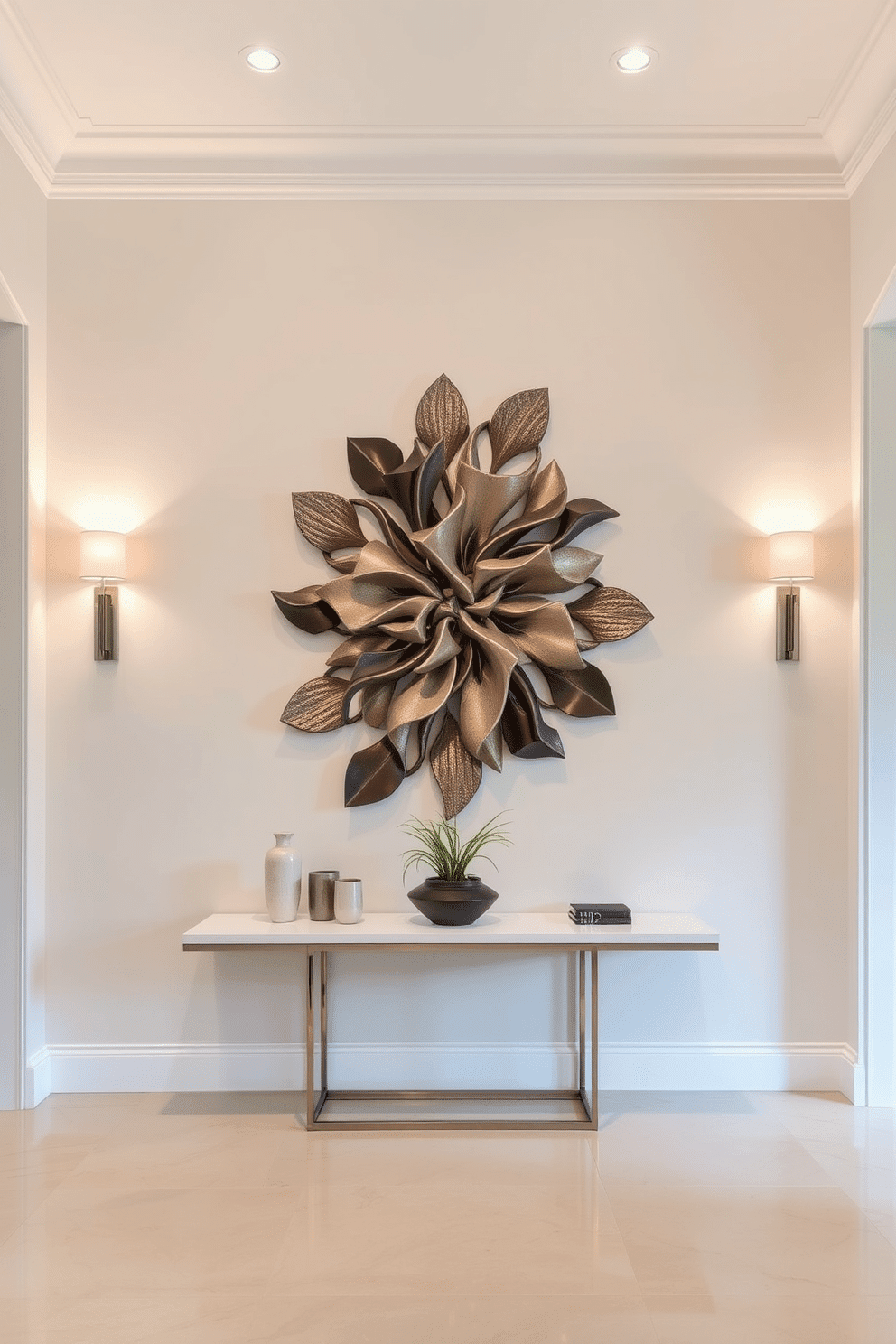 A stunning foyer features sculptural wall art as a captivating focal point, drawing the eye with its intricate shapes and textures. The wall is painted in a soft neutral tone, allowing the art to stand out while complementing the elegant flooring beneath. Flanking the art piece are stylish sconces that provide warm lighting, enhancing the overall ambiance of the space. A sleek console table sits below the artwork, adorned with decorative objects and a small potted plant to add a touch of greenery.