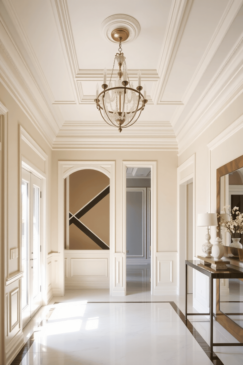 A grand foyer featuring decorative molding that adds architectural interest to the space. The walls are adorned with intricate crown molding and wainscoting, painted in a soft cream color that complements the elegant chandelier above. On one side of the foyer, a statement wall showcases a geometric pattern created with contrasting paint colors, enhancing the visual appeal. A sleek console table is positioned against the wall, topped with decorative accents and a large mirror that reflects the light.