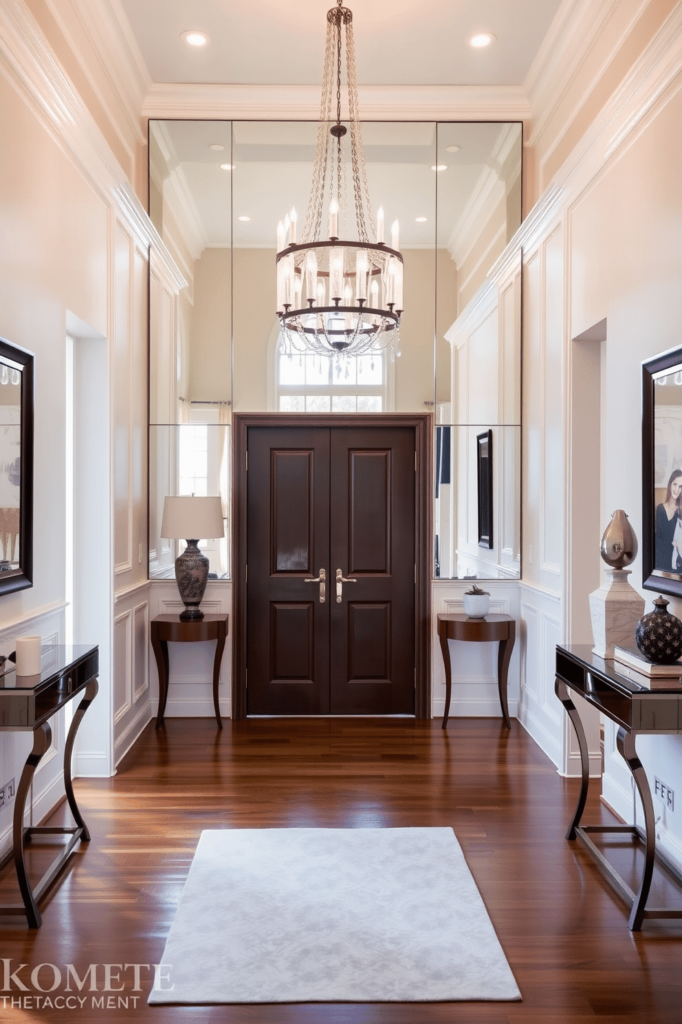 A stunning foyer featuring a mirrored accent wall that reflects natural light and creates an illusion of depth. The wall is framed by elegant wainscoting in a soft white, complementing the rich hardwood flooring. A statement chandelier hangs from the ceiling, casting a warm glow over the space. Flanking the entrance, stylish console tables with decorative accessories add a touch of sophistication to the overall design.