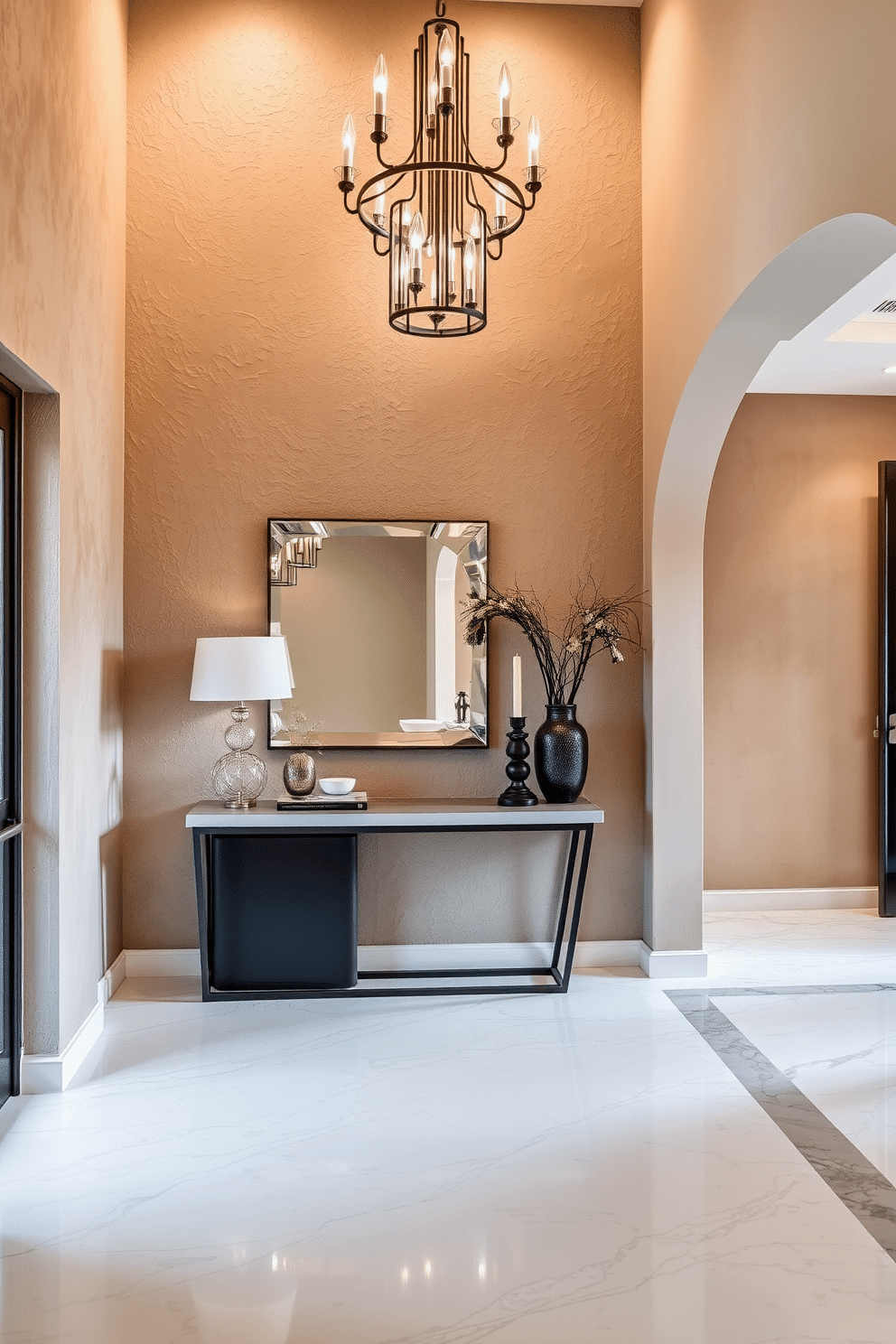 A stunning foyer featuring a textured plaster finish that adds depth and interest to the space. The walls are adorned with subtle, earthy tones, complemented by a sleek console table topped with a decorative mirror and stylish accessories. The floor is finished with elegant marble tiles, creating a luxurious entryway. A statement light fixture hangs above, casting a warm glow and inviting guests into the home.