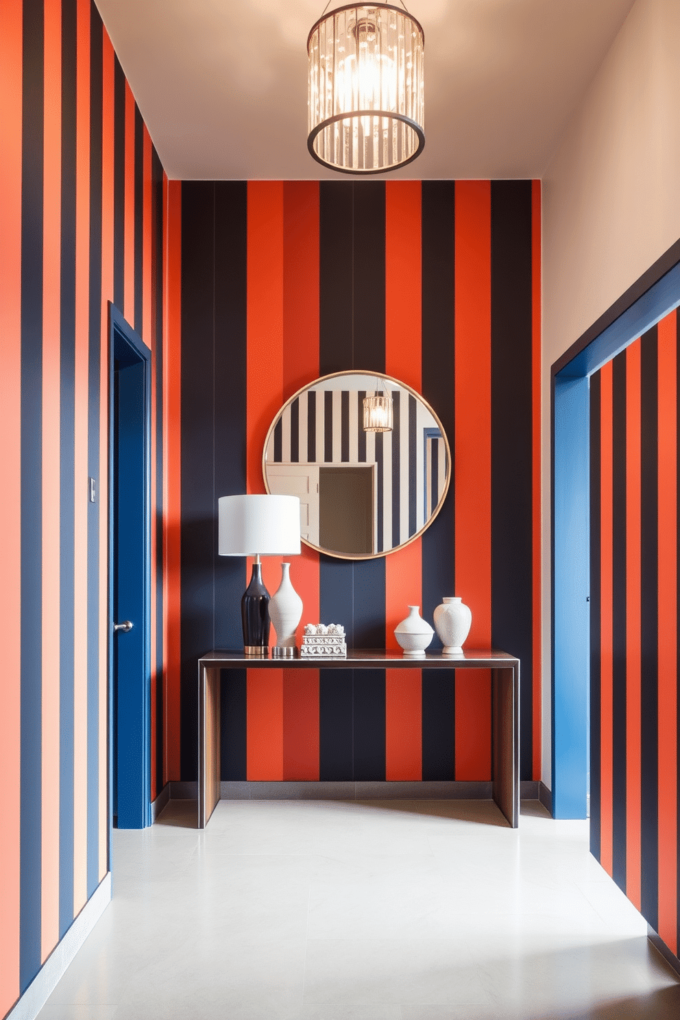 A striking foyer features painted stripes in a bold color palette, creating a modern and inviting atmosphere. The vertical stripes add height to the walls, while a sleek console table adorned with decorative accents sits against the backdrop. A statement light fixture hangs from the ceiling, illuminating the space and enhancing the striped design. A round mirror above the console reflects the stylish elements, making the foyer feel even more expansive and welcoming.