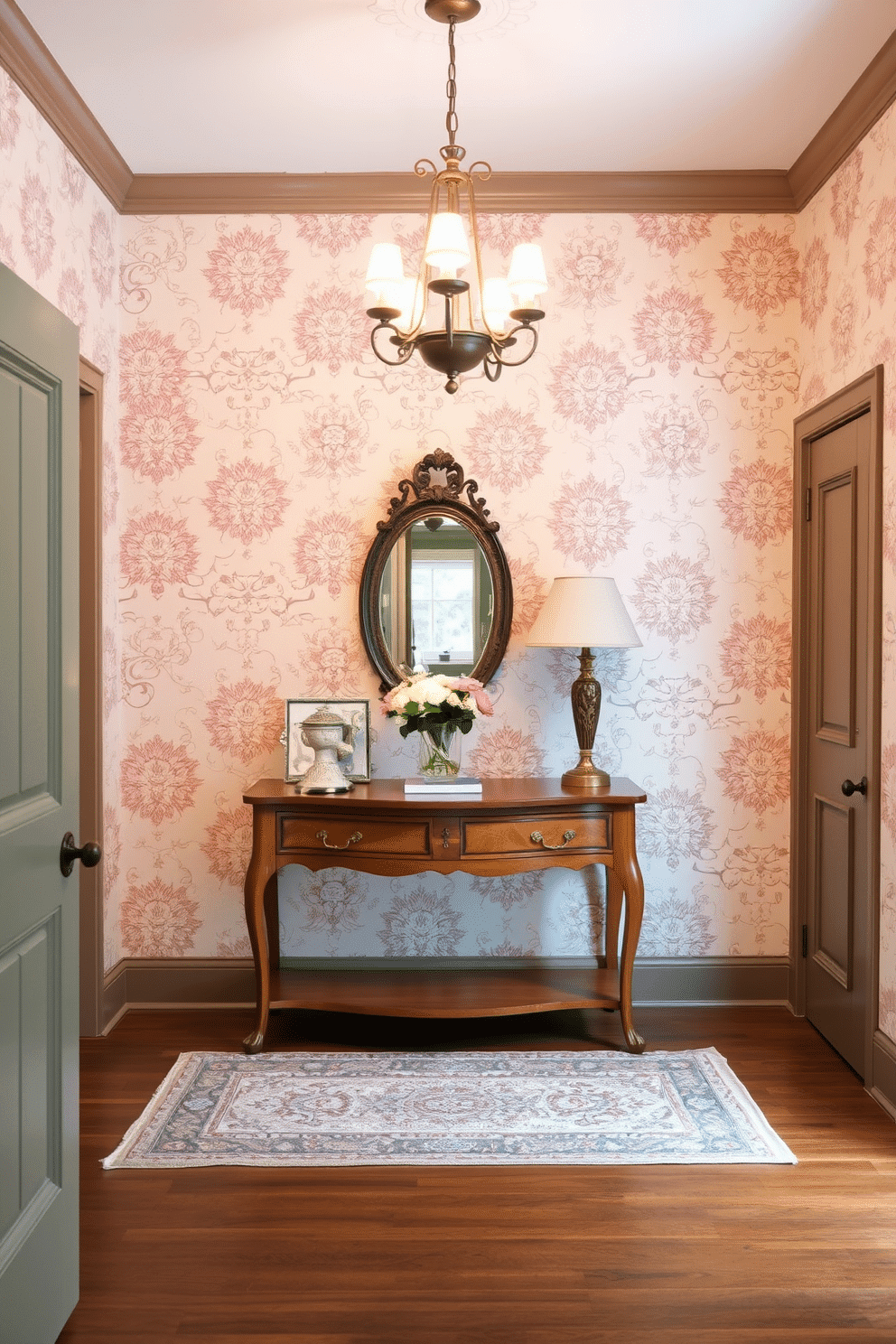 A foyer adorned with vintage wallpaper featuring intricate floral patterns creates a charming and inviting atmosphere. The soft pastel colors of the wallpaper complement a wooden console table, which is topped with a decorative mirror and a small vase of fresh flowers. To enhance the vintage aesthetic, consider adding a classic chandelier that casts a warm glow over the space. A vintage-style area rug beneath the console table adds texture and ties the design together, making the foyer a welcoming entry point to your home.