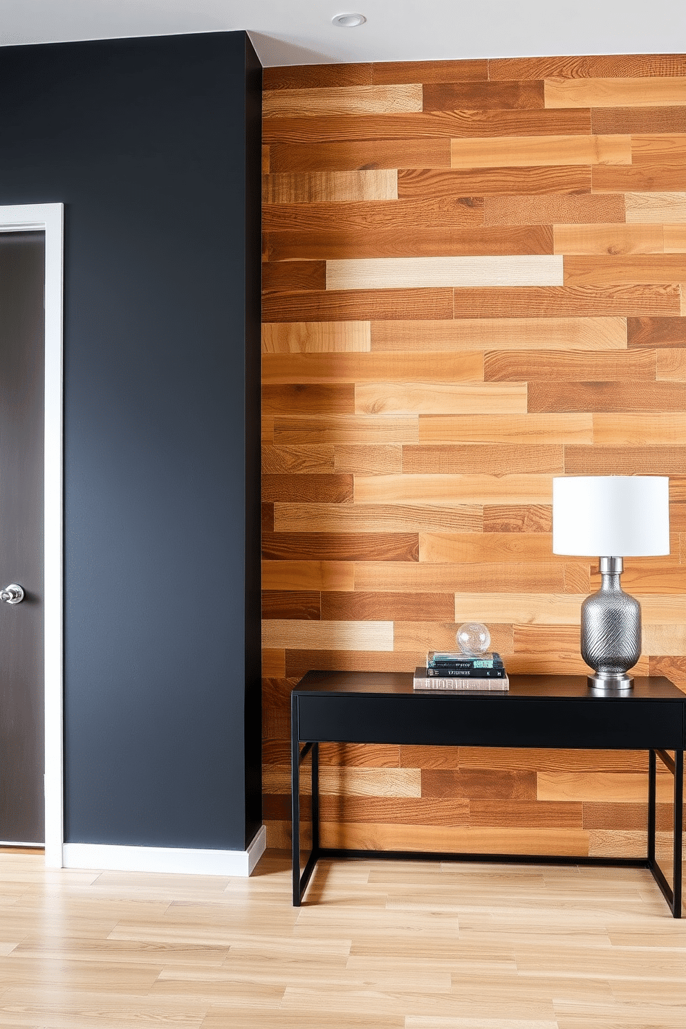 A striking foyer features an accent wall made of reclaimed wood, showcasing its rich textures and natural hues. The wall is complemented by a sleek console table topped with decorative elements, such as a stylish lamp and a curated selection of books.