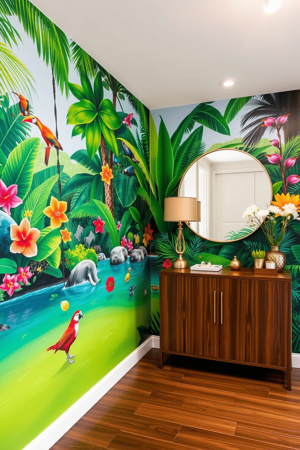 A vibrant foyer features a large, eye-catching mural that depicts a lush tropical landscape, filled with vivid greens, bright flowers, and playful wildlife. The mural serves as the focal point of the entryway, complemented by a sleek console table in a rich wood finish and a stylish round mirror above it.